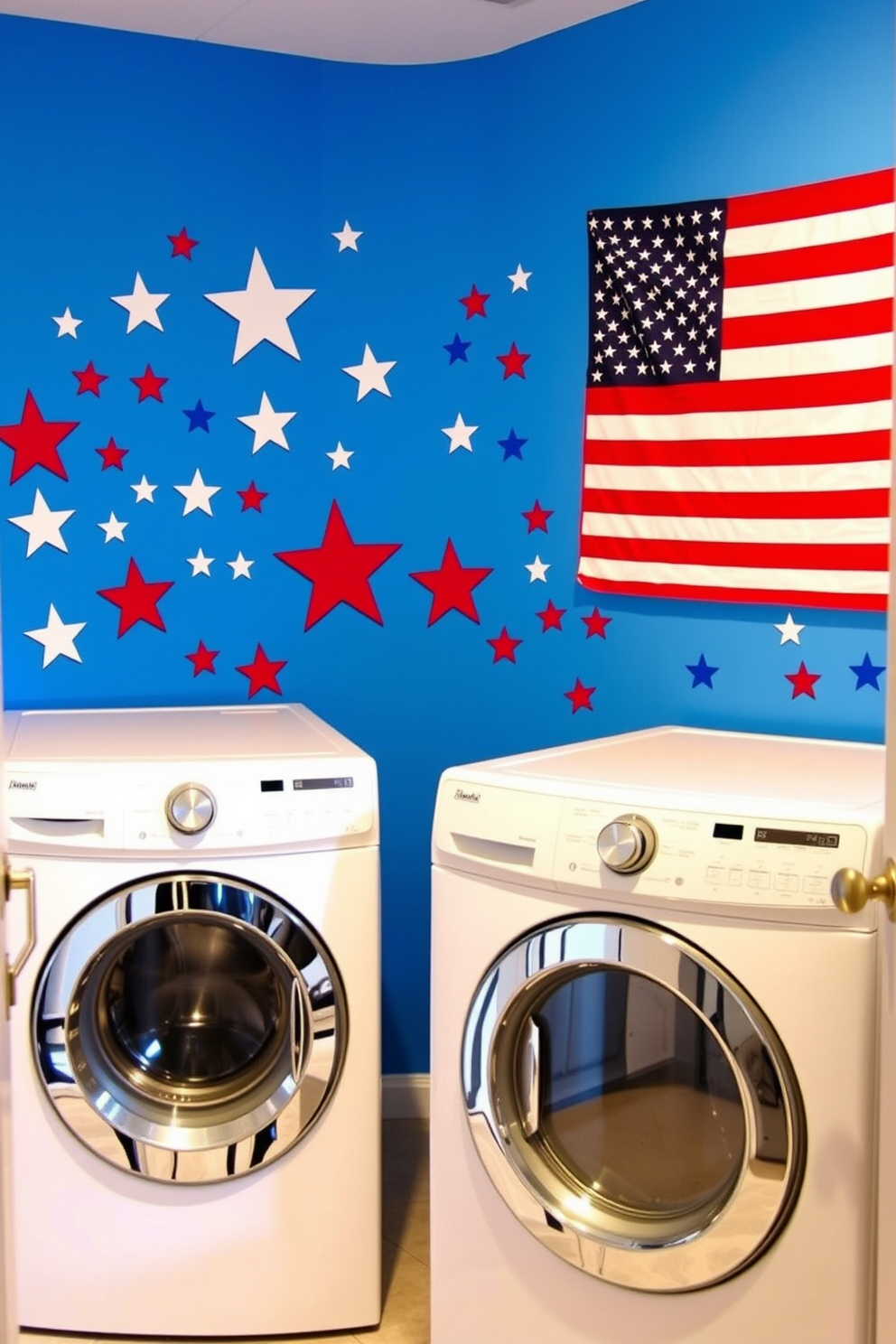 A vibrant laundry room adorned with stars and stripes wall decals celebrating Independence Day. The space features a bright blue accent wall, with a white washing machine and dryer set against it, creating a patriotic atmosphere.