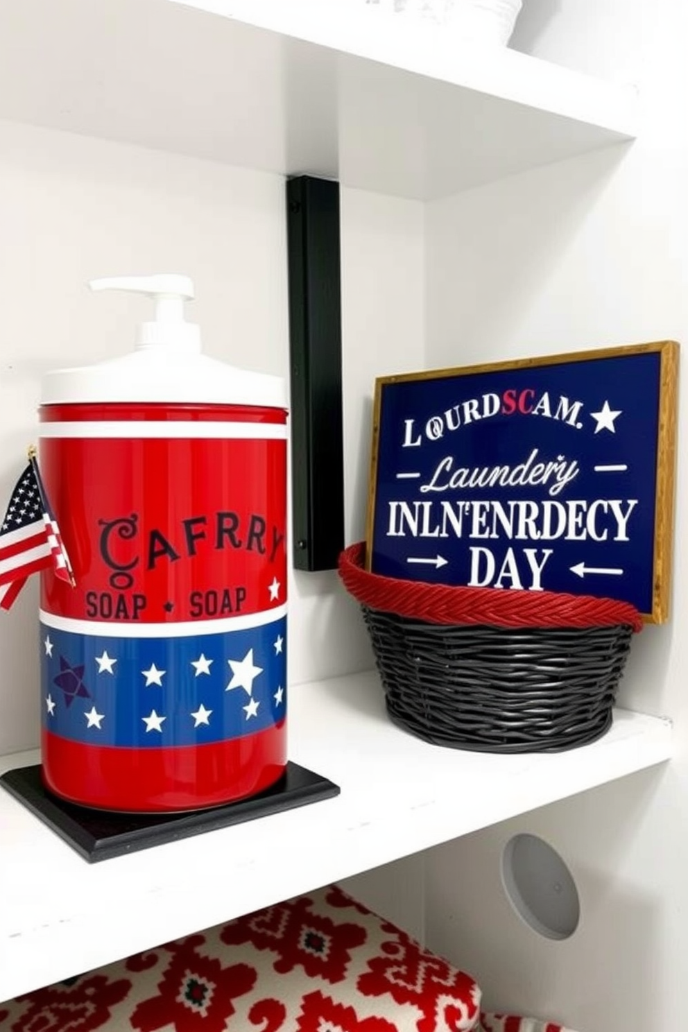 A patriotic themed laundry soap container sits prominently on a shelf, featuring red, white, and blue colors with stars and stripes designs. Next to it, a decorative sign celebrating Independence Day adds a festive touch to the laundry room. The walls are painted in a crisp white, providing a clean backdrop for the vibrant decor. A patterned rug in red and blue complements the theme, while a vintage-style laundry basket adds charm and functionality.