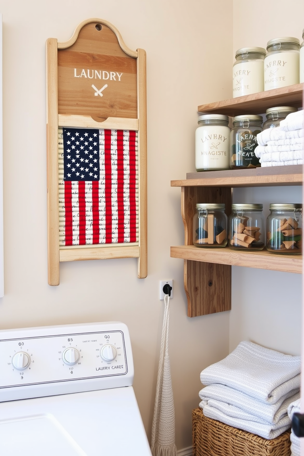 A vintage laundry washboard with a flag design is prominently displayed on the wall, adding a patriotic touch to the space. The laundry room features rustic wooden shelves filled with neatly folded towels and decorative jars, creating a warm and inviting atmosphere.