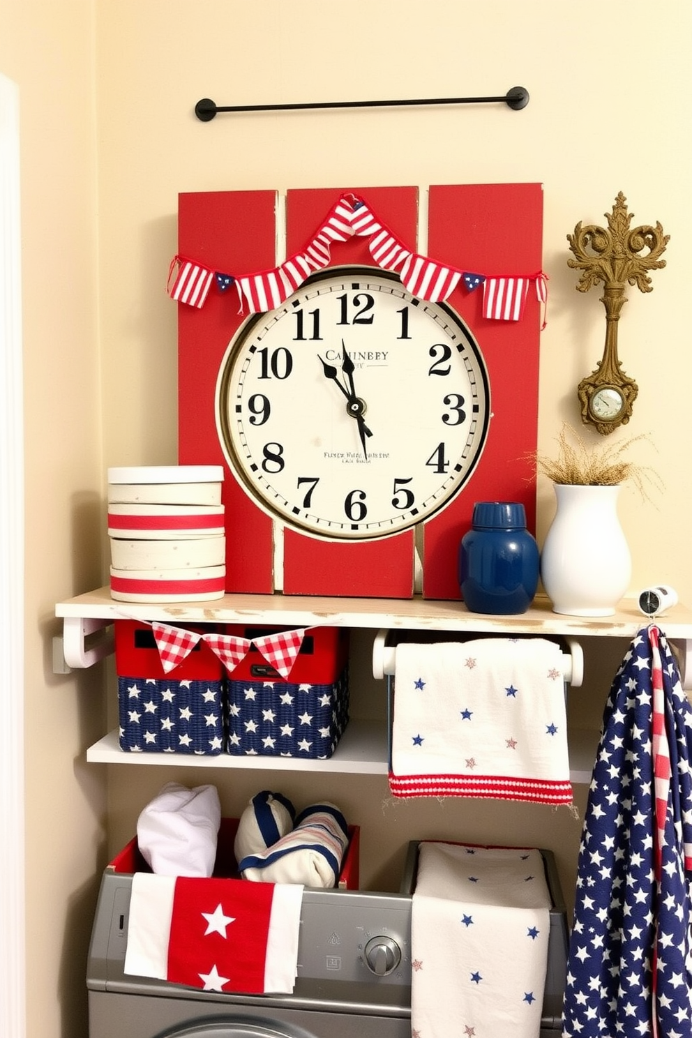 A Fourth of July themed wall clock features a rustic wooden frame painted in red white and blue. The clock face displays stars and stripes with a vintage design that adds a festive touch to the room. Independence Day laundry room decorating ideas include hanging patriotic bunting along the shelves. Use fabric baskets in red and blue to store laundry supplies while incorporating star patterned towels for a cohesive look.