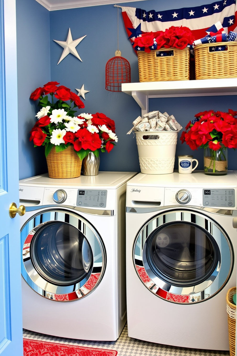 A vibrant laundry room decorated for Independence Day featuring red white and blue flower arrangements. The space includes a stylish washing machine and dryer stacked with decorative baskets and patriotic accents throughout.