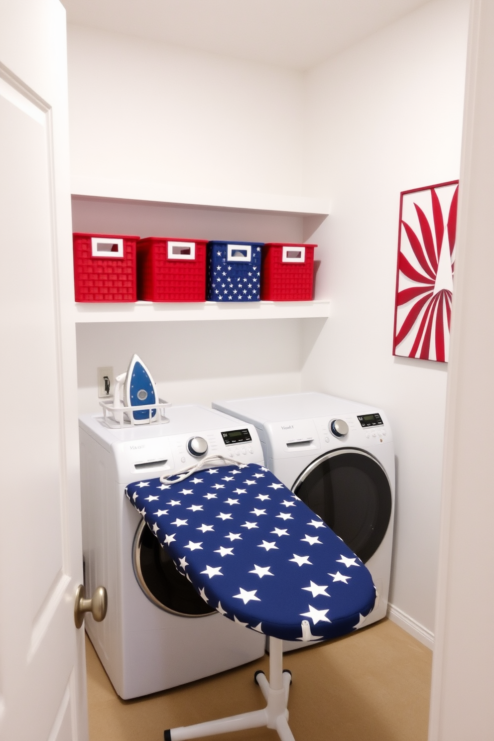 A laundry room featuring a star patterned ironing board cover adds a festive touch for Independence Day. The walls are painted in a crisp white, and red and blue accents are incorporated through decorative storage bins and a patriotic-themed wall art piece.