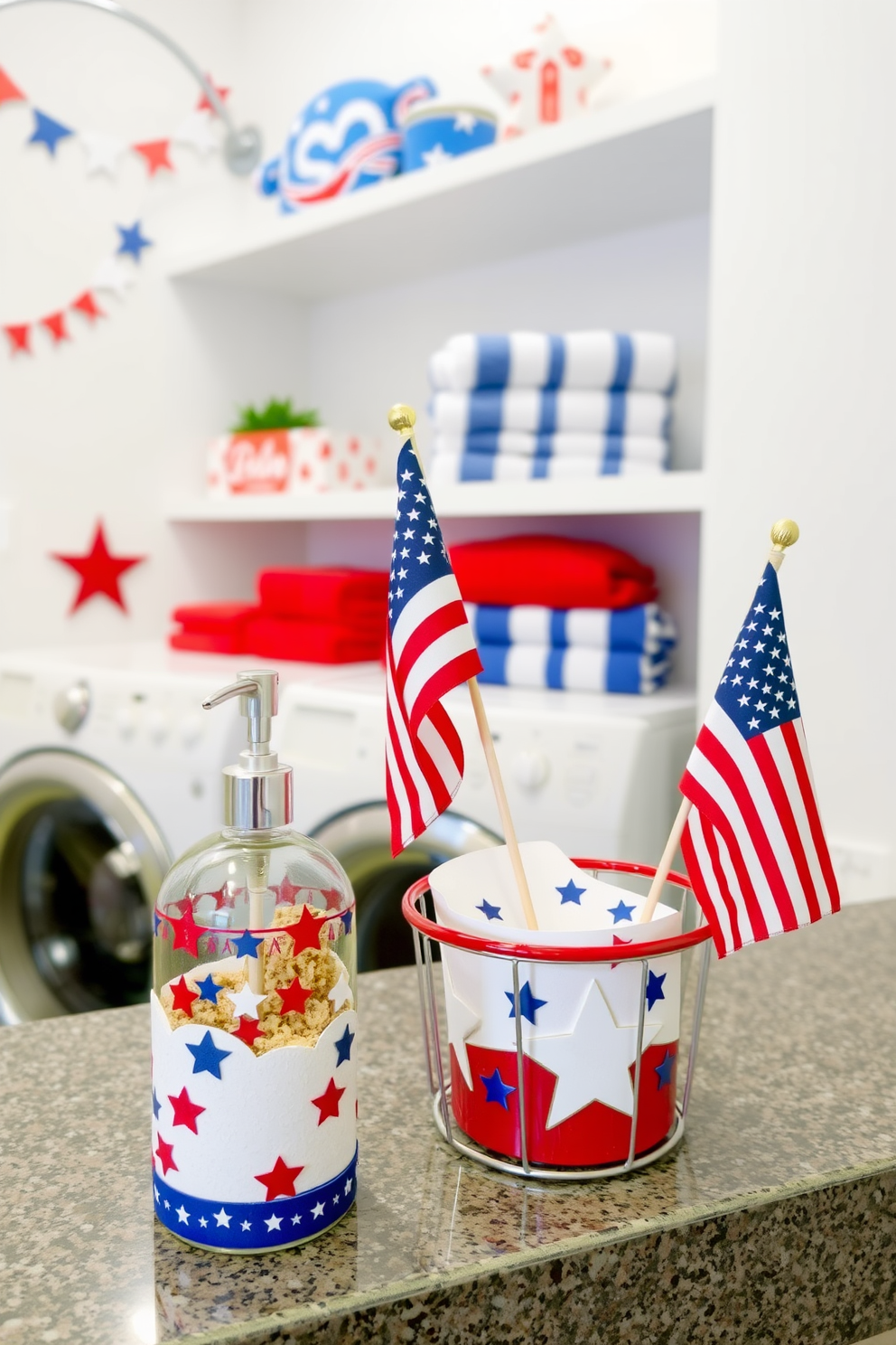 A patriotic themed soap dispenser sits on a countertop next to a matching caddy, both adorned with red white and blue colors. The backdrop features a laundry room decorated with stars and stripes, creating a festive atmosphere for Independence Day. The walls are painted in a crisp white, while the shelves are filled with neatly folded towels in patriotic hues. A small American flag is displayed prominently, adding a touch of pride to the space.