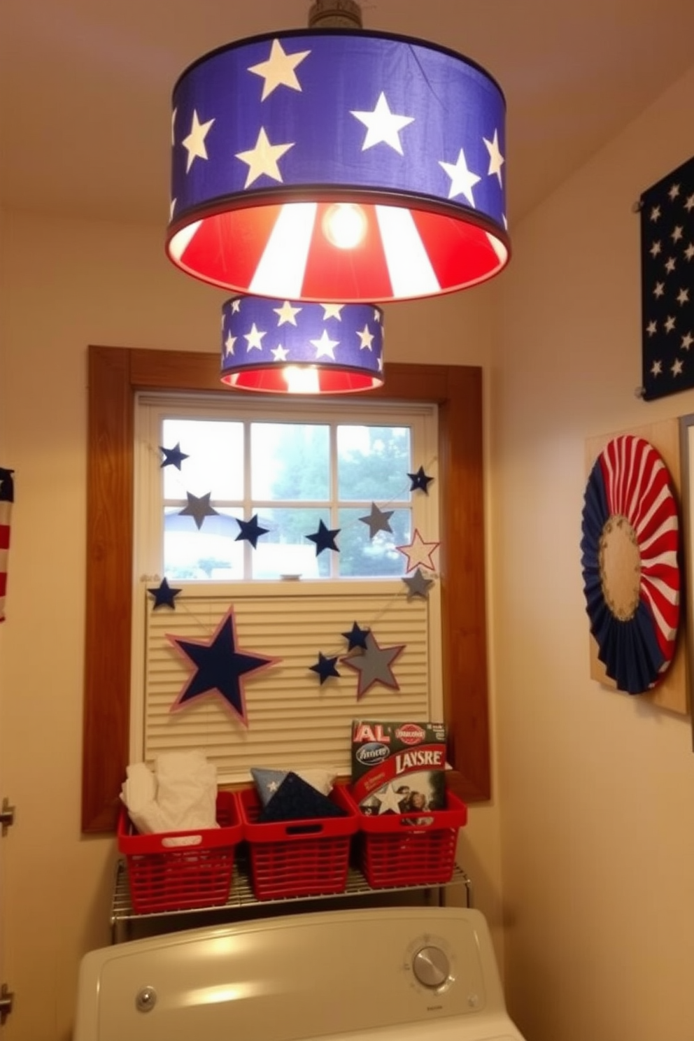 Independence Day themed light fixtures create a festive atmosphere with red white and blue colors. The fixtures are designed with stars and stripes motifs and provide a warm inviting glow throughout the room. Independence Day laundry room decorating ideas include patriotic wall art and themed accessories. Incorporate red and blue storage baskets and hang a garland of stars across the window for a celebratory touch.