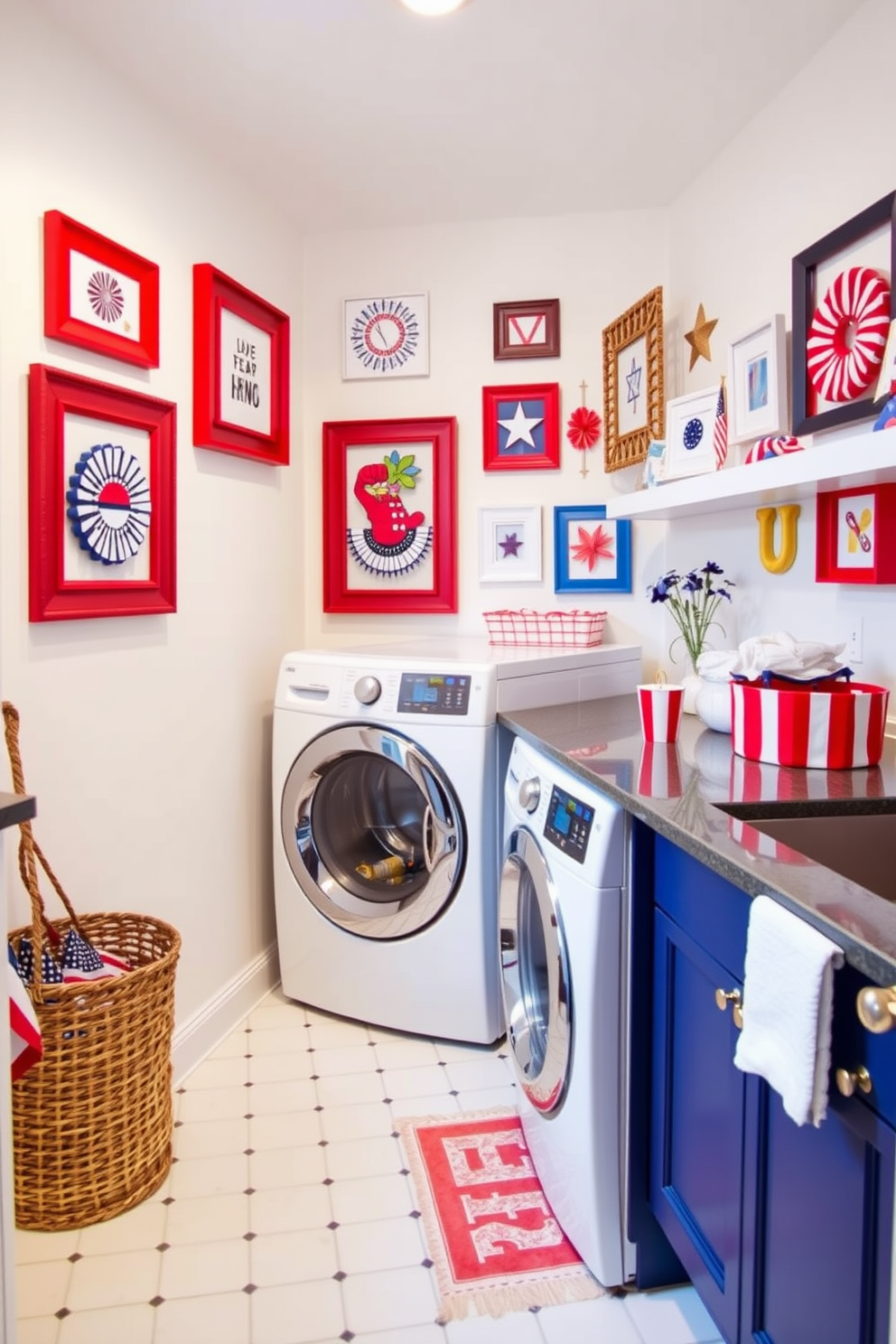 A vibrant laundry room adorned with red, white, and blue picture frames celebrating Independence Day. The walls are painted in a crisp white, and the cabinets are a bold navy blue, creating a patriotic atmosphere.