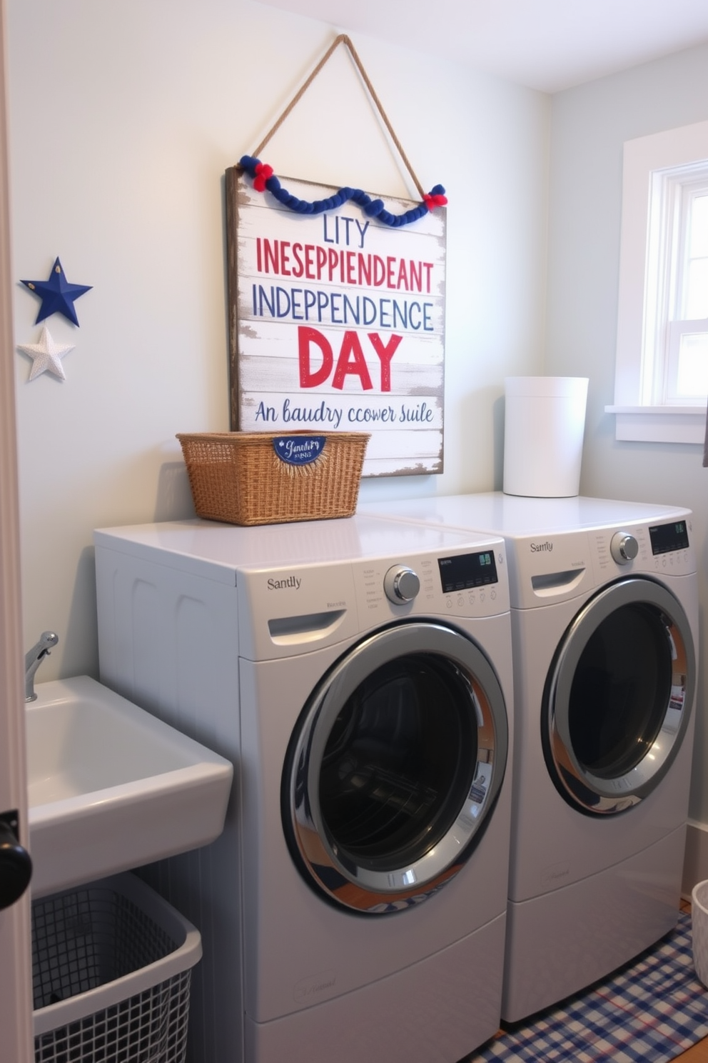 A cheerful laundry room decorated for Independence Day. A festive sign hangs above the washer, featuring red, white, and blue colors with stars and stripes.