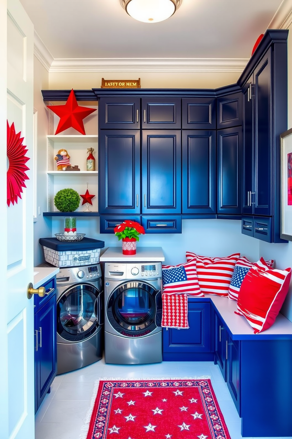 A vibrant laundry room adorned with stars and stripes decorative pillows. The walls are painted in a crisp white, and the cabinets are a deep navy blue, creating a patriotic atmosphere. A spacious countertop is topped with a stylish laundry basket, while the stars and stripes pillows add a festive touch to a cozy seating nook. Red accents in the form of a rug and wall art enhance the Independence Day theme.