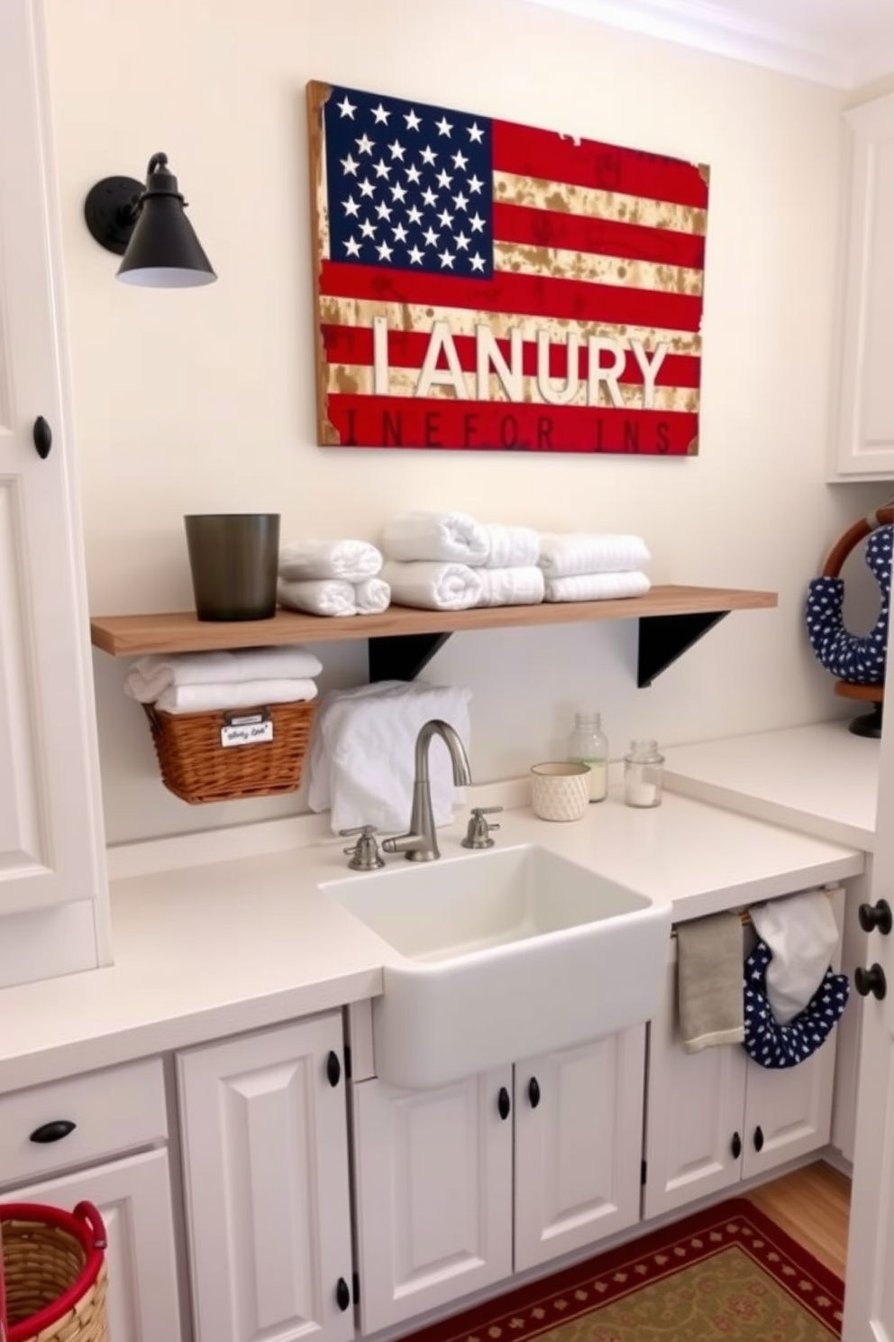 A vintage American flag laundry sign hangs prominently on the wall, adding a touch of patriotic charm to the space. Below the sign, a rustic wooden shelf displays neatly folded towels and laundry essentials, creating an inviting and functional area. The laundry room features a classic farmhouse sink with a brushed nickel faucet, surrounded by white cabinetry for a clean and organized look. To enhance the Independence Day theme, red, white, and blue accents are incorporated through decorative baskets and a cheerful rug.