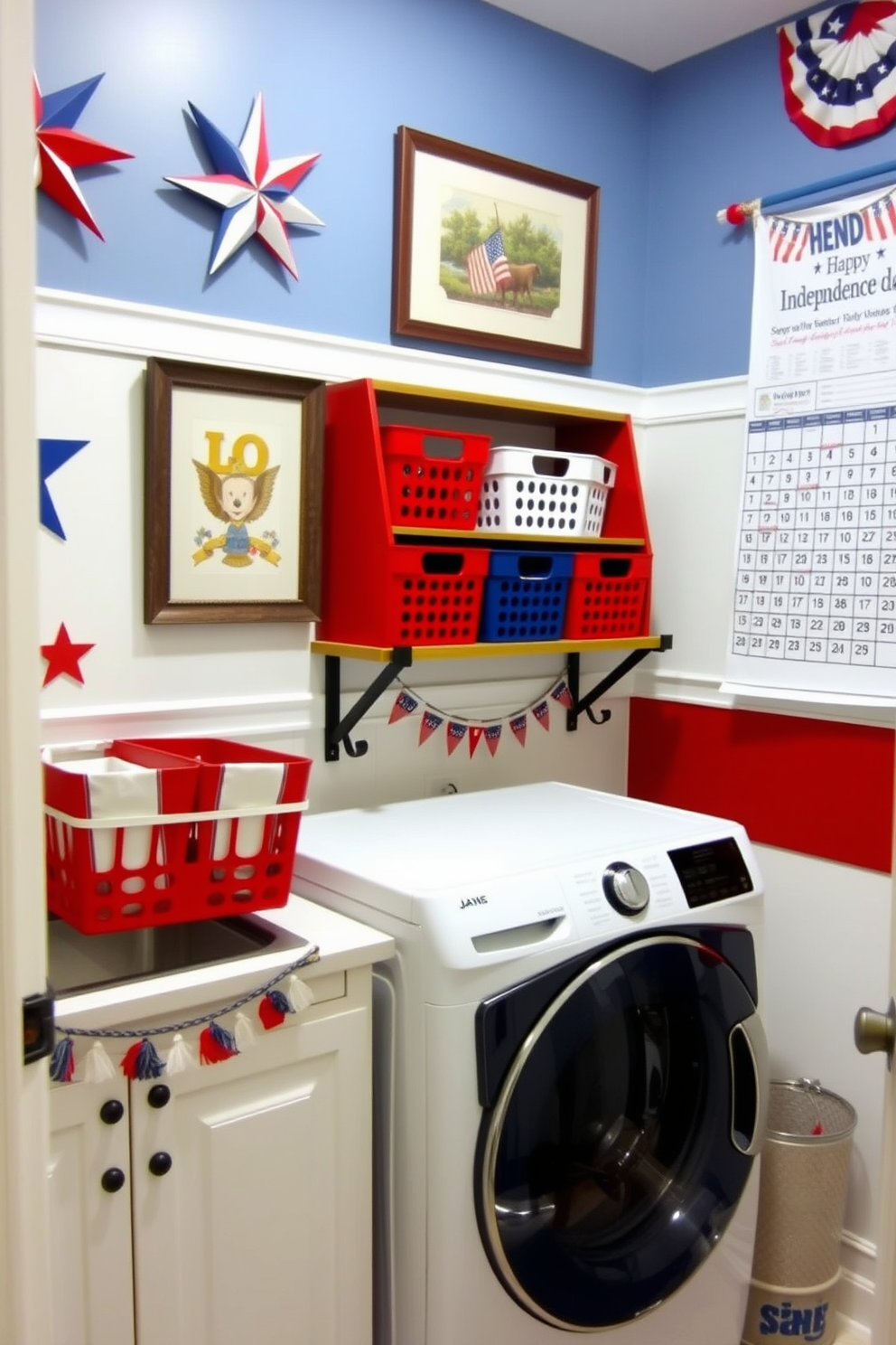 A patriotic themed laundry room features a red white and blue color scheme with stars and stripes accents. The walls are adorned with framed vintage American flags and a cheerful calendar celebrating Independence Day hangs prominently. The laundry area includes a stylish washing machine and dryer set with a custom cabinet that matches the theme. Decorative elements such as a rustic wooden shelf display red white and blue laundry baskets and a festive banner adds a celebratory touch.