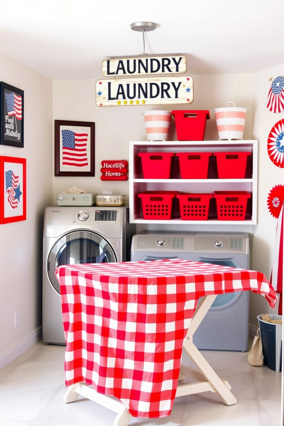 A vibrant laundry room featuring a red and white checkered tablecloth draped over a sturdy folding table. The walls are adorned with patriotic decorations celebrating Independence Day, including stars and stripes artwork. Brightly colored storage bins in red and white are neatly organized on open shelves, adding a festive touch. A cheerful laundry sign hangs above the table, enhancing the celebratory theme of the space.