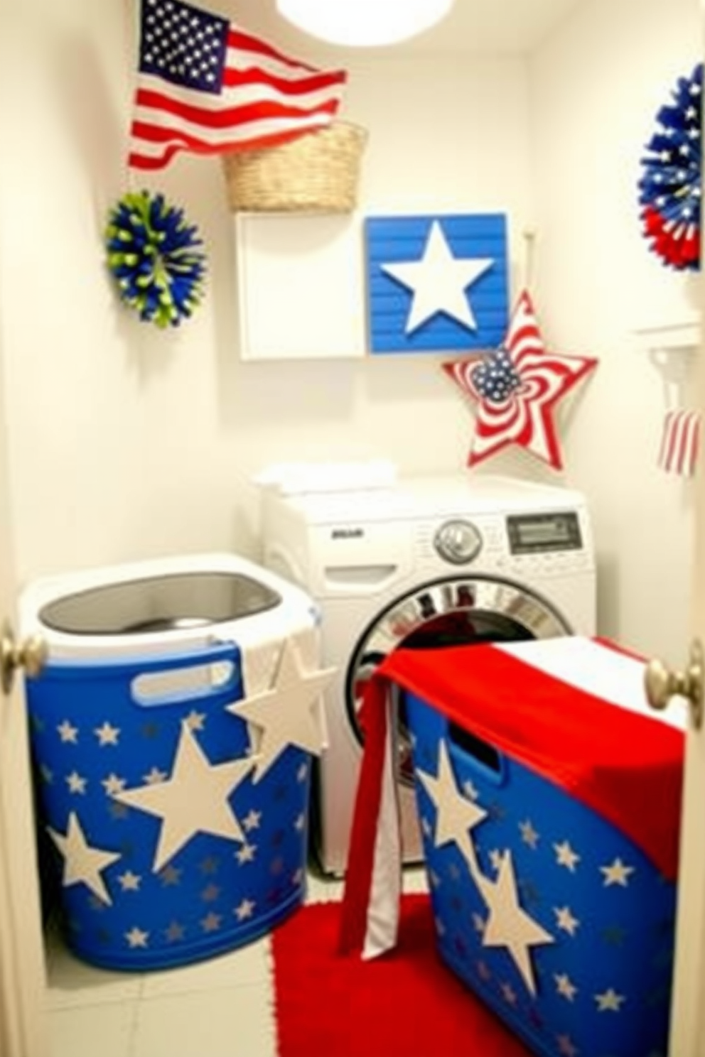 A bright and cheerful laundry room features blue laundry baskets adorned with white stars. The walls are painted in a crisp white, creating a fresh and clean atmosphere for Independence Day themed decorations.