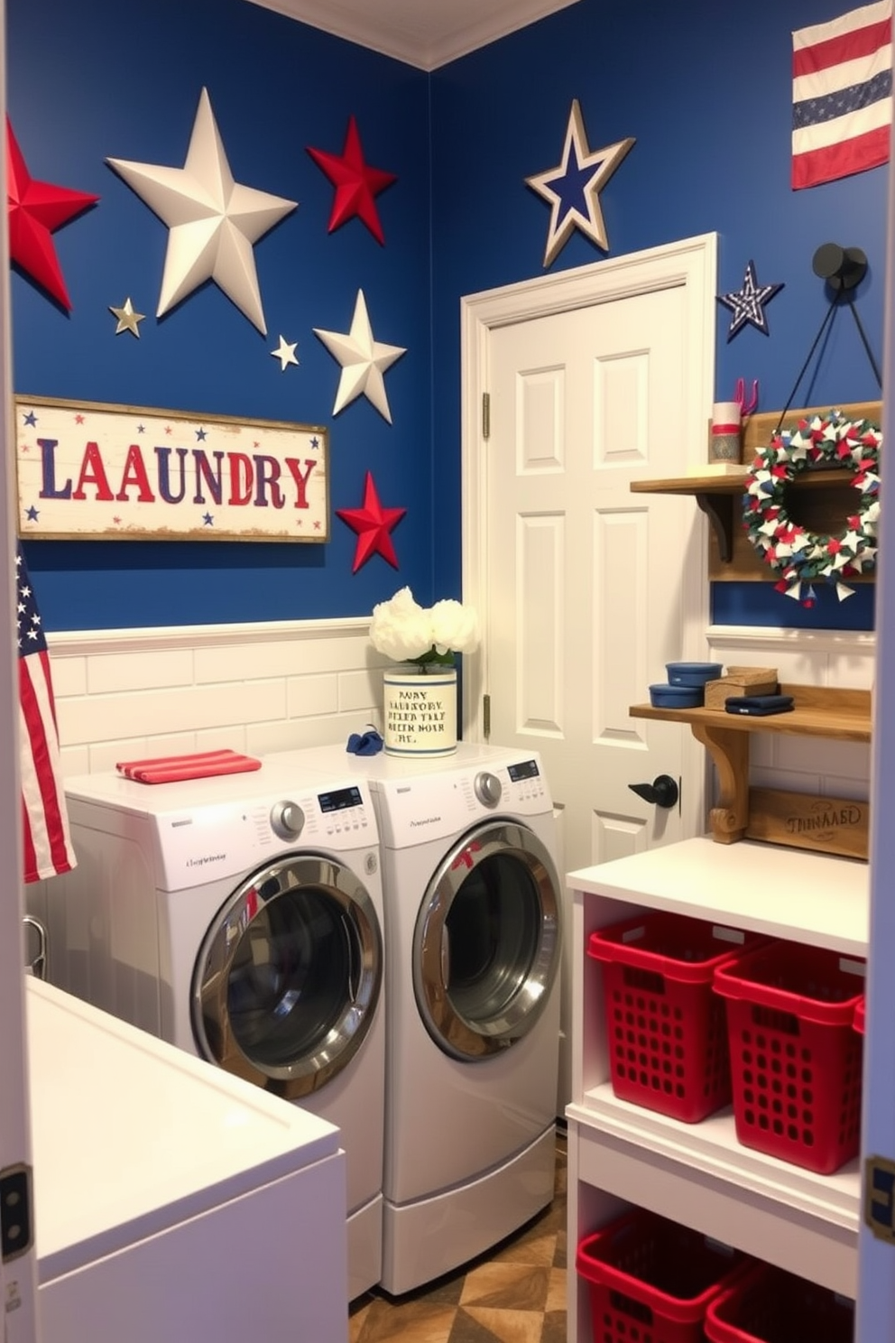 Create a vibrant laundry room that celebrates the Fourth of July. The walls are adorned with themed wall art featuring stars and stripes in red white and blue colors. Include decorative elements such as a vintage laundry sign and a patriotic wreath on the door. The countertops are bright white with a rustic wooden shelf displaying red and blue storage bins.