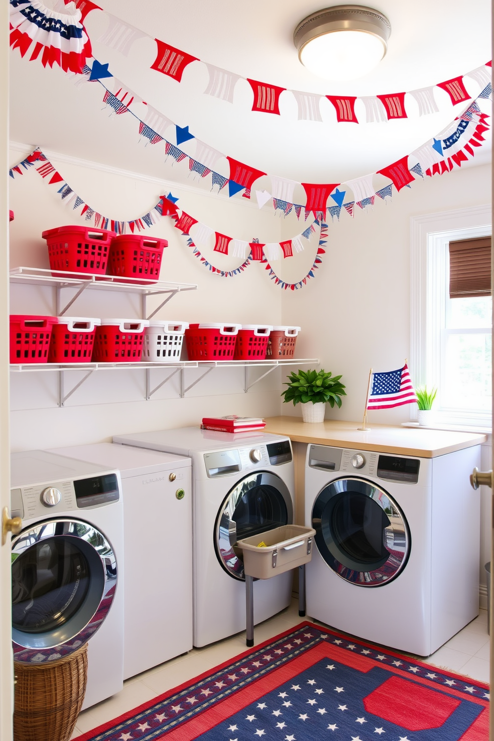 A cheerful laundry room adorned with festive bunting in red white and blue colors draped across the ceiling. The walls are painted a soft white and a vintage wash tub sits next to a modern washer and dryer for a charming contrast. Brightly colored laundry baskets are neatly arranged on a shelf while a patriotic themed rug adds warmth to the space. A small flag is displayed on the countertop alongside a potted plant to complete the Independence Day decor.