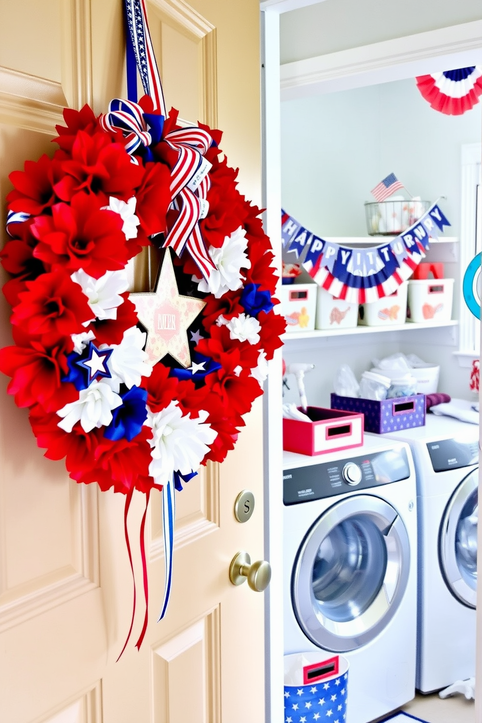 A vibrant DIY patriotic wreath adorns the front door, crafted from red white and blue flowers and ribbons. The wreath features stars and stripes elements that celebrate Independence Day. The laundry room is decorated with a festive theme, showcasing red white and blue accents throughout. A cheerful banner hangs above the washer and dryer while decorative storage bins in patriotic colors add a fun touch.