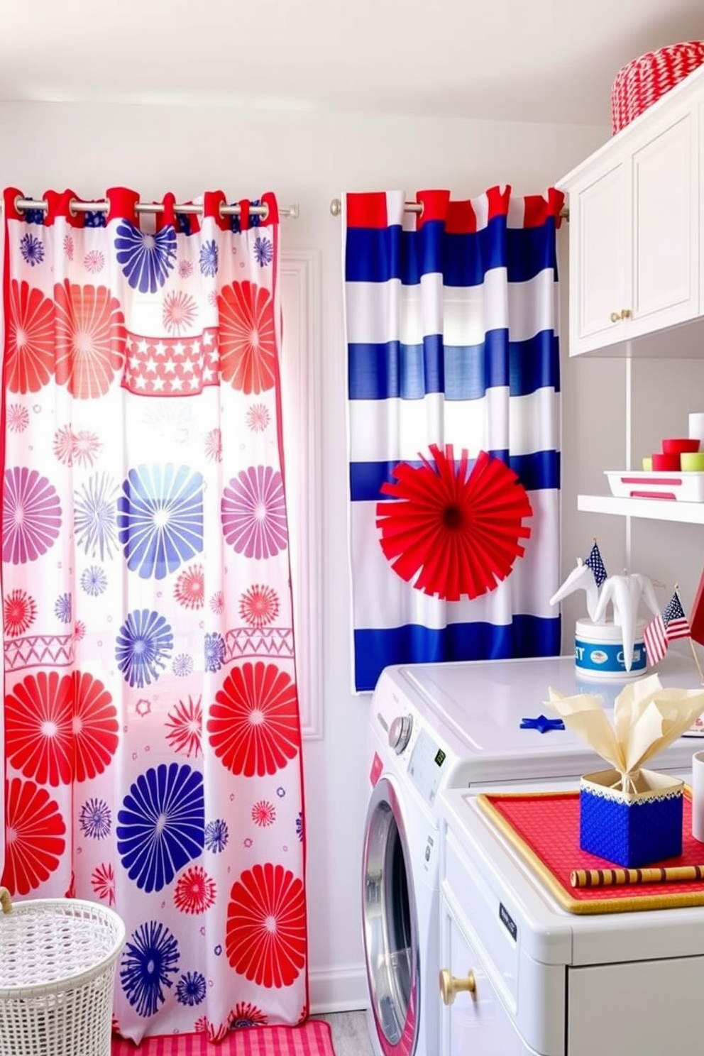 A vibrant laundry room featuring curtains in red, white, and blue patterns that evoke a festive Independence Day spirit. The walls are painted in a soft white, and the space is filled with cheerful decor elements that celebrate the holiday.