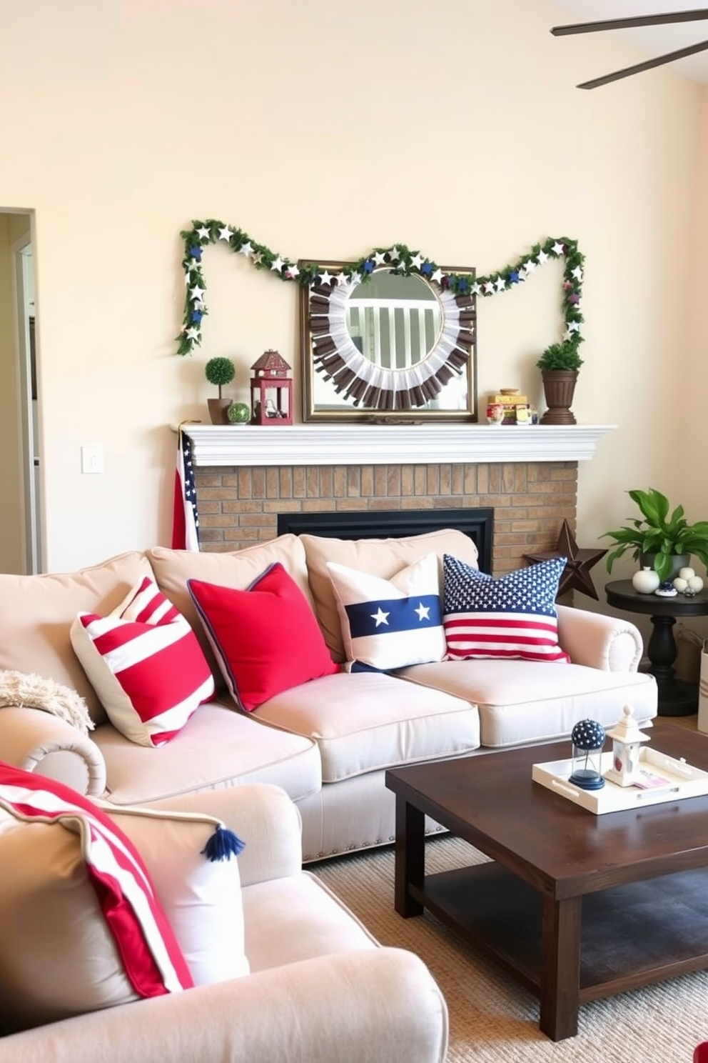 A cozy living room decorated for Independence Day features a plush sofa adorned with patriotic throw pillows in red, white, and blue. The walls are painted in a soft cream color, and a festive garland of stars and stripes hangs above the mantel.