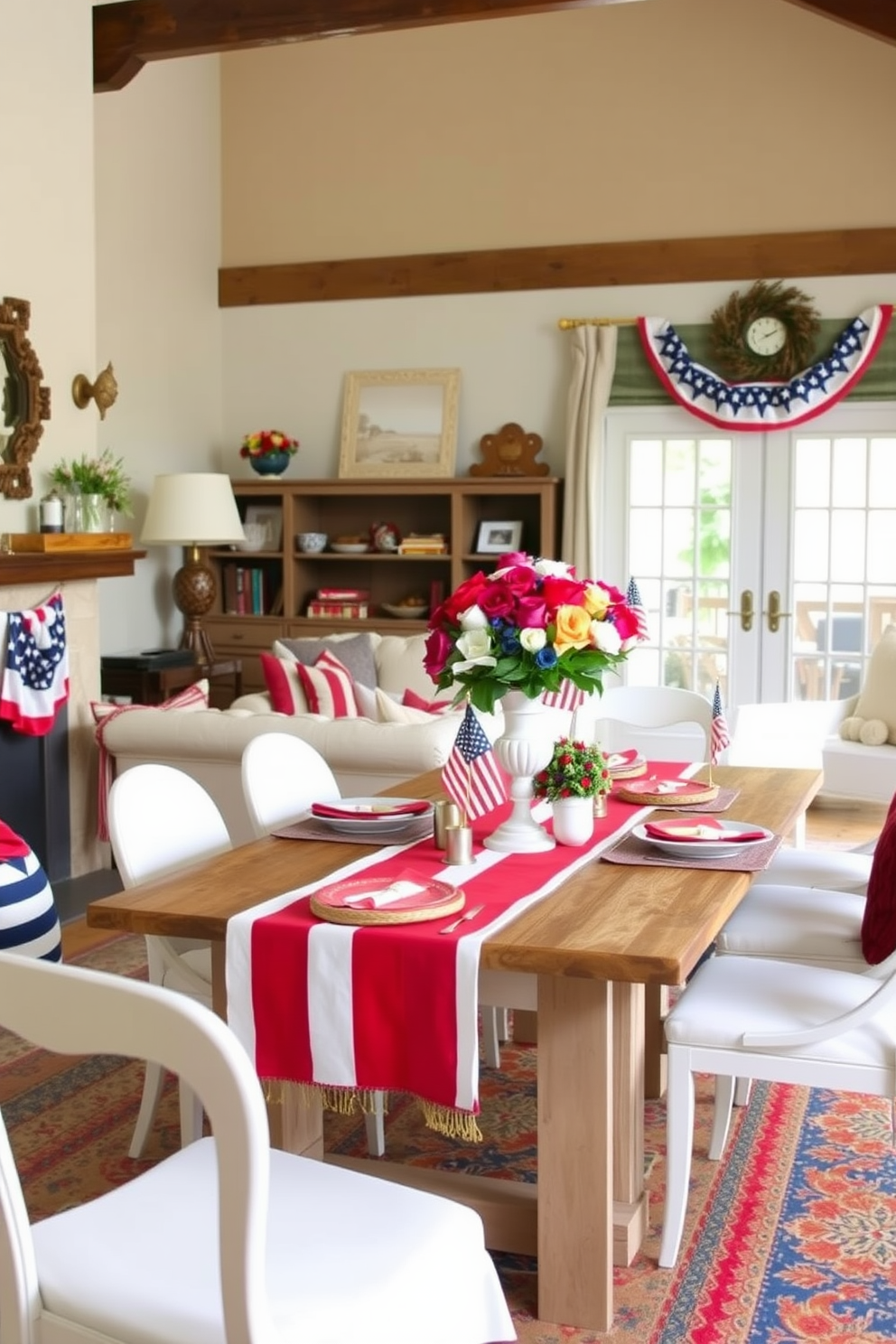 A festive living room setting adorned with red white and blue table runners. The table is set for a celebration with patriotic decorations and vibrant floral arrangements.