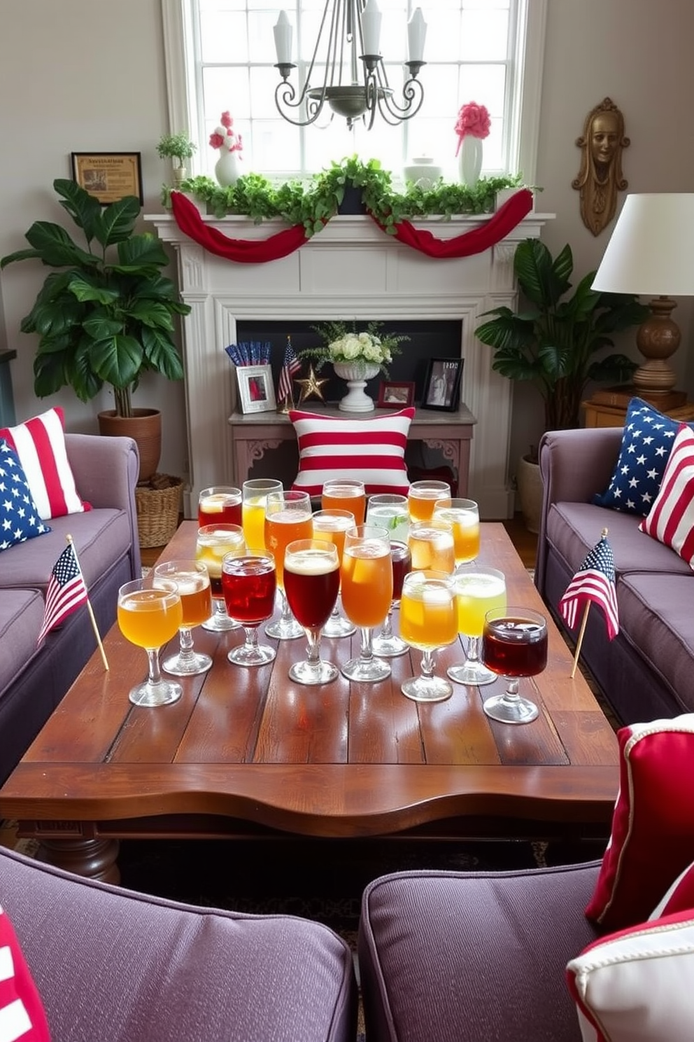 A charming living room setting adorned with vintage glassware for festive drinks. The space features a rustic wooden coffee table surrounded by plush sofas in patriotic colors of red white and blue. On the coffee table sits an array of vintage glassware filled with refreshing beverages. Decorative elements include small American flags and red white and blue cushions that enhance the celebratory atmosphere.