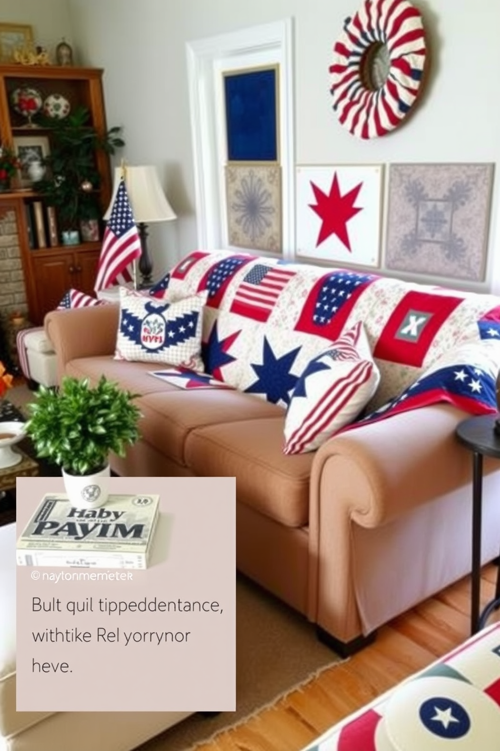 A cozy living room adorned with patriotic quilts draped over a plush, inviting couch. The space is filled with red, white, and blue accents, creating a festive atmosphere for Independence Day celebrations.