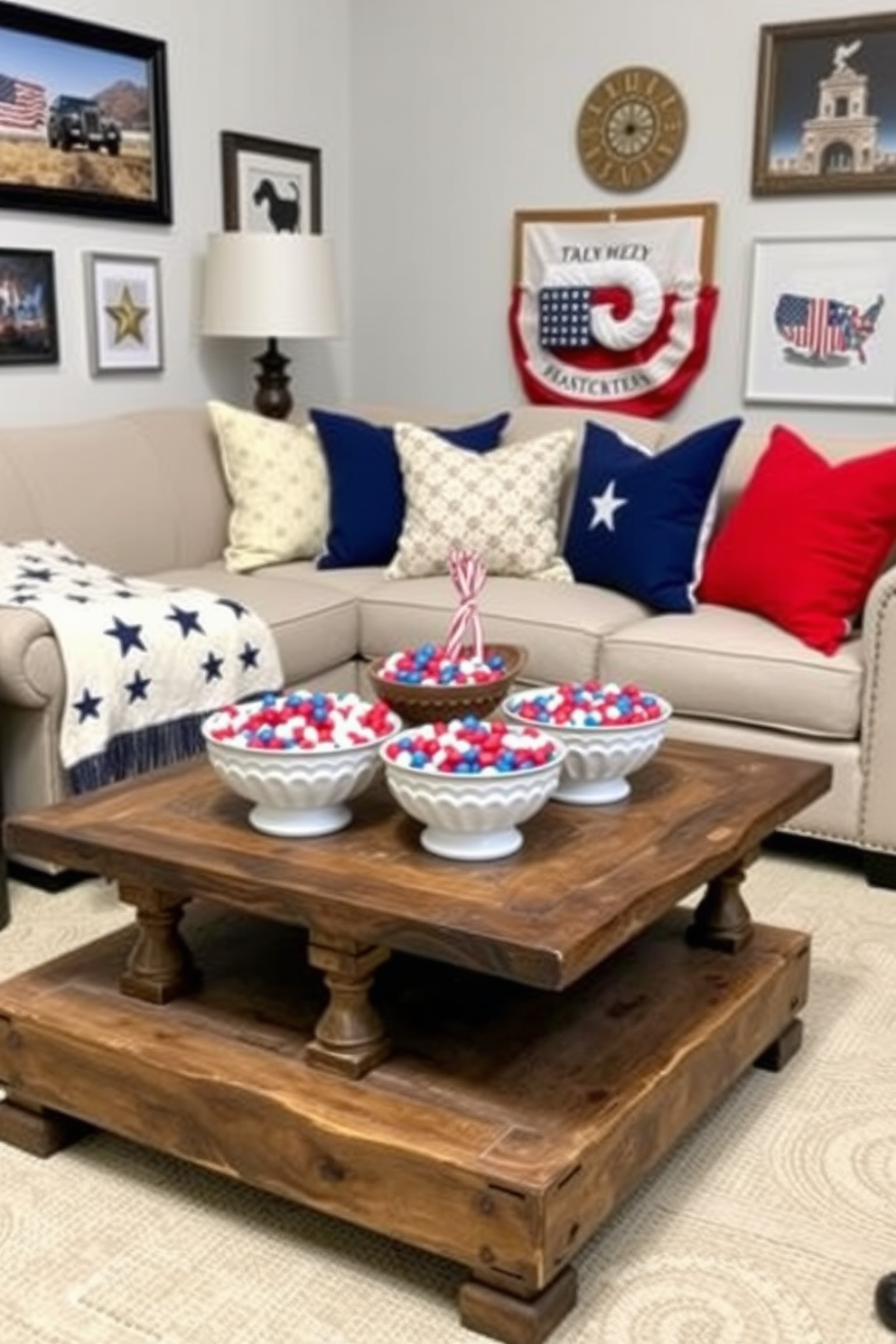 A festive living room setting adorned for Independence Day. Decorative bowls filled with red, white, and blue candy are placed on a rustic coffee table, creating a vibrant focal point. The walls are decorated with patriotic artwork, and a cozy sofa is draped with a star-patterned throw blanket. Plush cushions in the colors of the flag add to the celebratory atmosphere, inviting guests to relax and enjoy the festivities.