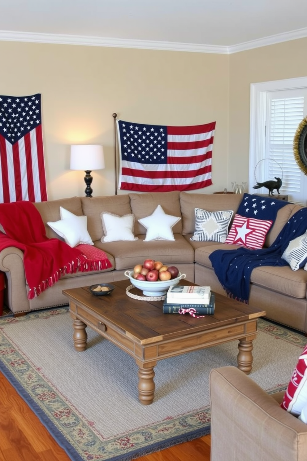 A cozy living room decorated for Independence Day features a large sectional sofa adorned with red white and blue throw blankets. The walls are painted in a soft beige tone, and festive decorations like star-shaped pillows and a vintage American flag are placed strategically throughout the space. A rustic wooden coffee table sits in the center, topped with a bowl of fresh fruit and a few patriotic-themed books. Soft lighting from a nearby lamp creates a warm and inviting atmosphere, perfect for celebrating the holiday with family and friends.