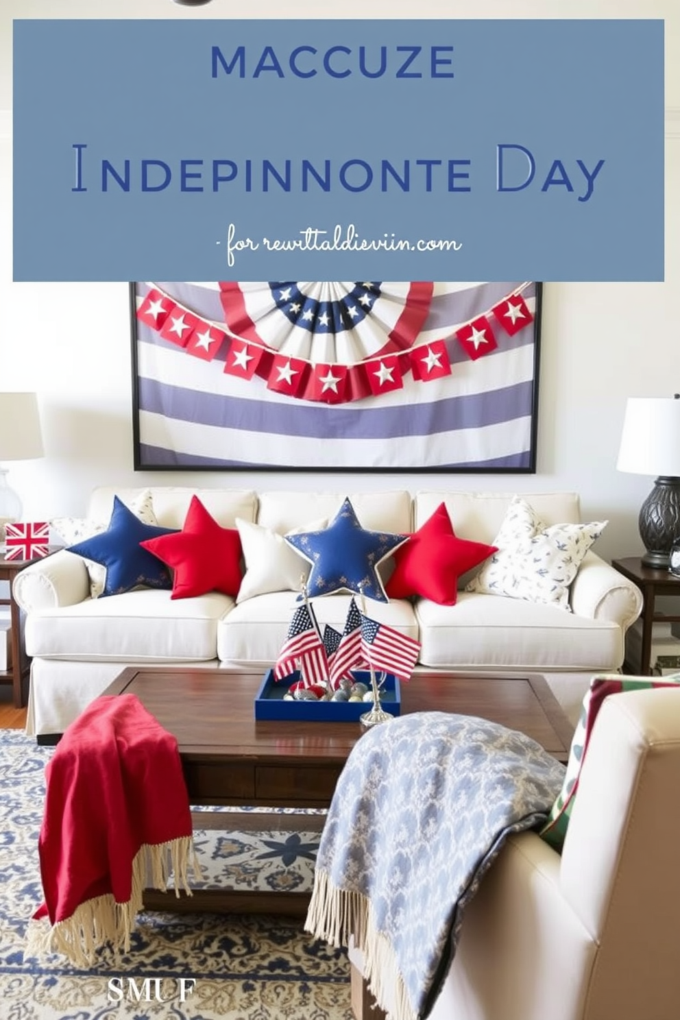 Create a vibrant living room setting for Independence Day. Incorporate star-shaped cushions in red, white, and blue for seating, arranged on a cozy sofa. Add festive decorations such as a patriotic banner and small American flags on the coffee table. Use a mix of comfortable throws and pillows to enhance the celebratory atmosphere.