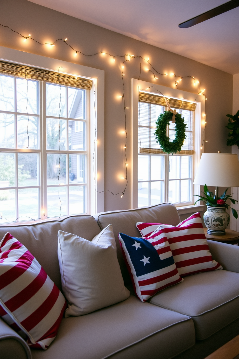 A cozy living room adorned with festive string lights draped around the windows. The room features a comfortable sofa with red, white, and blue throw pillows, creating a patriotic atmosphere for Independence Day celebrations.