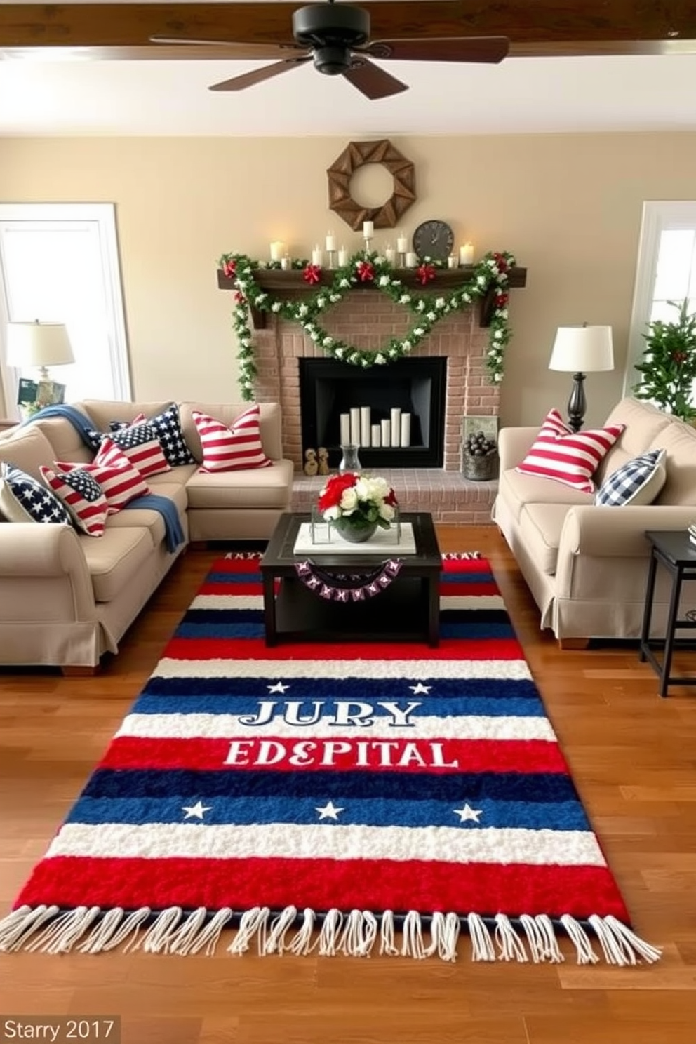 A vibrant living room featuring a red white and blue area rug that celebrates Independence Day. The rug is placed centrally on a polished wooden floor, surrounded by a cozy sectional sofa adorned with patriotic throw pillows. In the background, a fireplace is decorated with festive garlands and candles, creating a warm and inviting atmosphere. The walls are painted in a soft beige, enhancing the bold colors of the rug and furnishings.