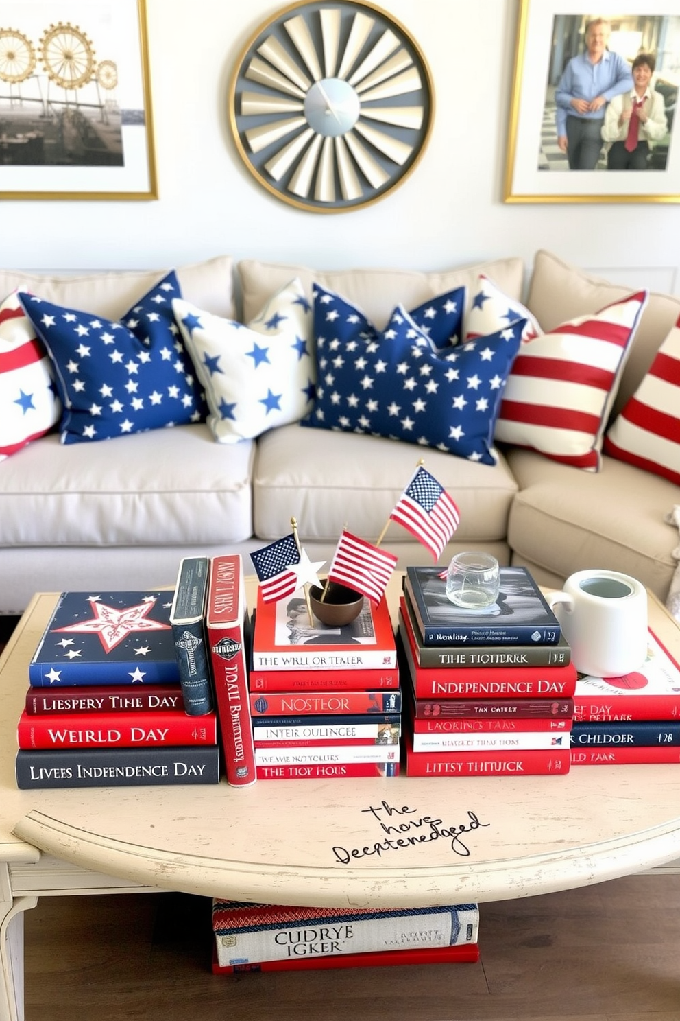 A patriotic themed living room featuring a coffee table adorned with an array of red white and blue books celebrating Independence Day. The coffee table is surrounded by a cozy sectional sofa with decorative throw pillows in stars and stripes patterns.