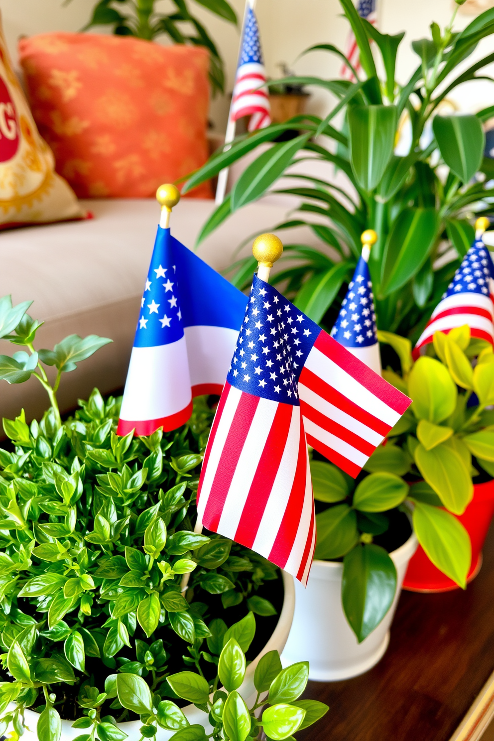 Decorative flags are placed in vibrant potted plants that add a festive touch to the living room. The arrangement features red white and blue flags peeking out from lush greenery creating a patriotic atmosphere for Independence Day celebrations.