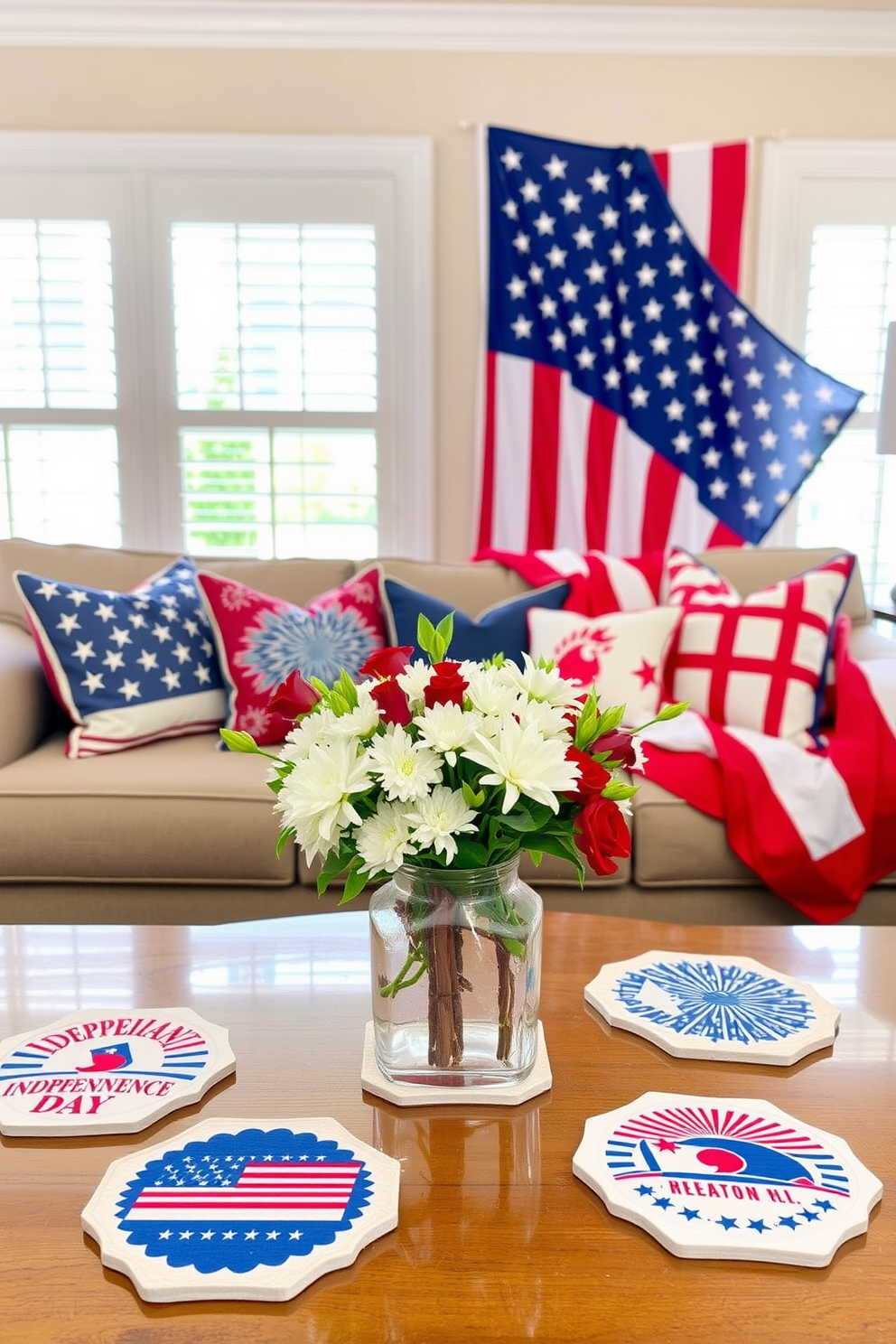 Independence Day themed coasters featuring a vibrant red white and blue color palette. Each coaster showcases iconic symbols such as stars stripes and fireworks to celebrate the holiday spirit. A festive living room decorated for Independence Day with a large American flag draped over the couch. Red white and blue throw pillows and a centerpiece of fresh flowers in a star-shaped vase complete the patriotic look.