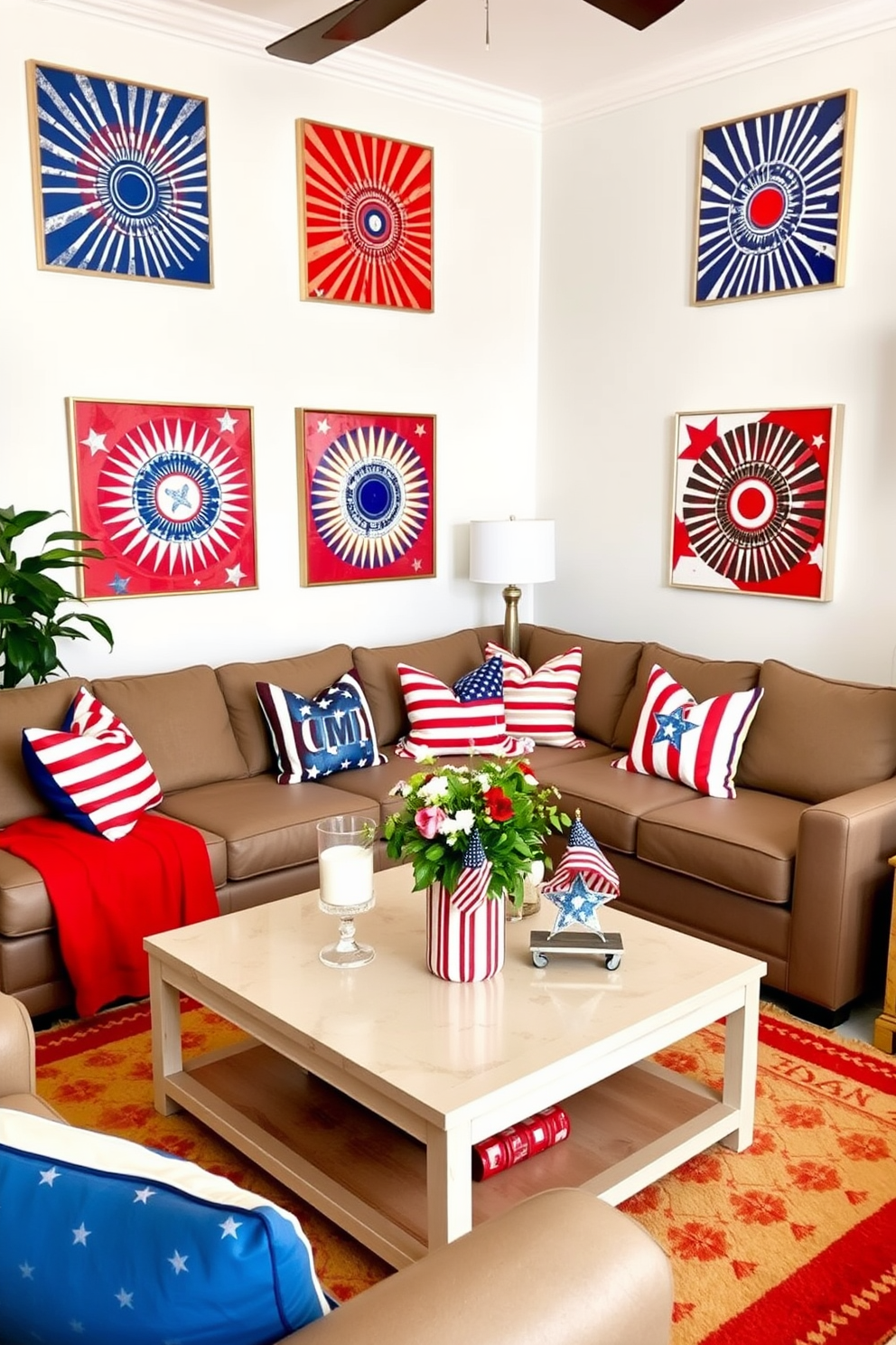 A vibrant living room adorned with red, white, and blue artwork on the walls celebrating Independence Day. The space features a comfortable sectional sofa with patriotic throw pillows and a coffee table decorated with themed accessories.