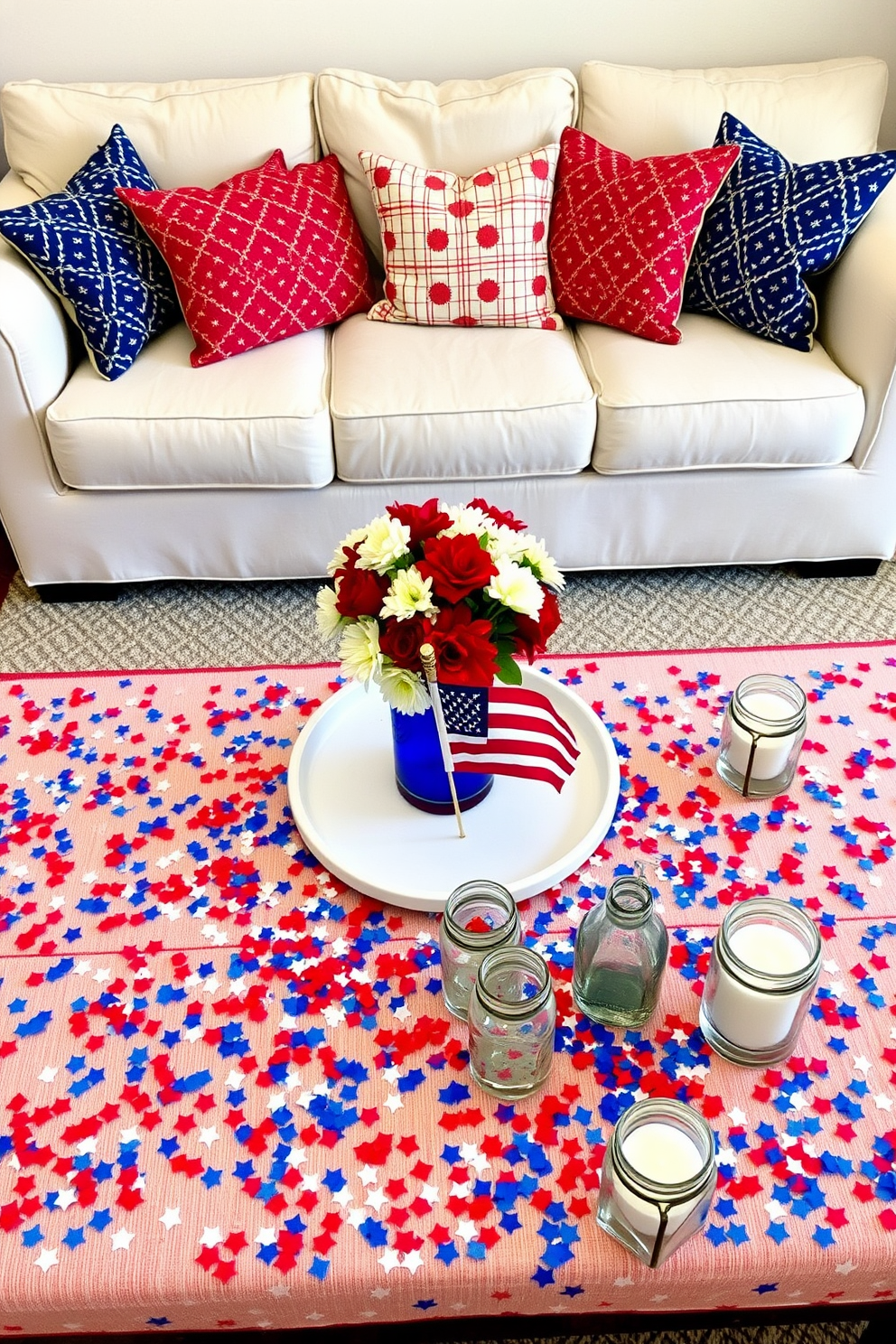 A festive table setting for Independence Day featuring a red, white, and blue tablecloth adorned with star-shaped confetti. Centered on the table is a large white platter filled with fresh fruit and a bouquet of red and white flowers in a blue vase. A cozy living room decorated for Independence Day with a patriotic color scheme of red and blue throw pillows on a neutral sofa. The coffee table is topped with a small flag centerpiece and scattered with themed decorations like mini fireworks and candles in mason jars.