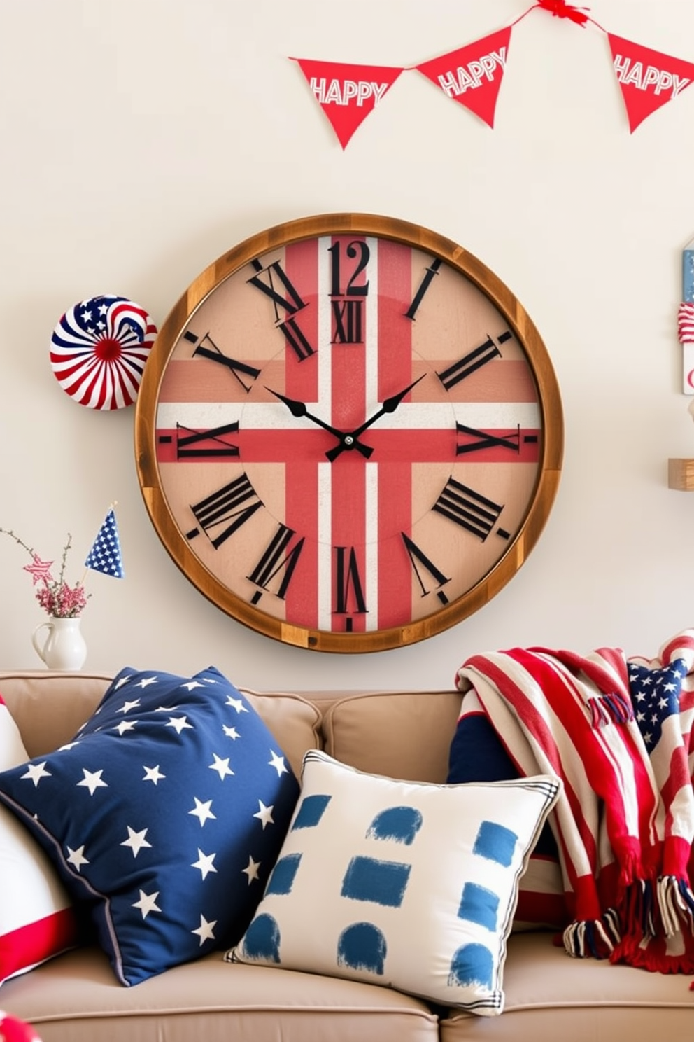 A patriotic themed wall clock is the focal point of a cozy living room. The clock features red white and blue colors with stars and stripes, surrounded by a rustic wooden frame. The living room is adorned with festive decorations celebrating Independence Day. Plush cushions in patriotic colors are arranged on a comfortable sofa, and a vibrant throw blanket drapes over the armrest.