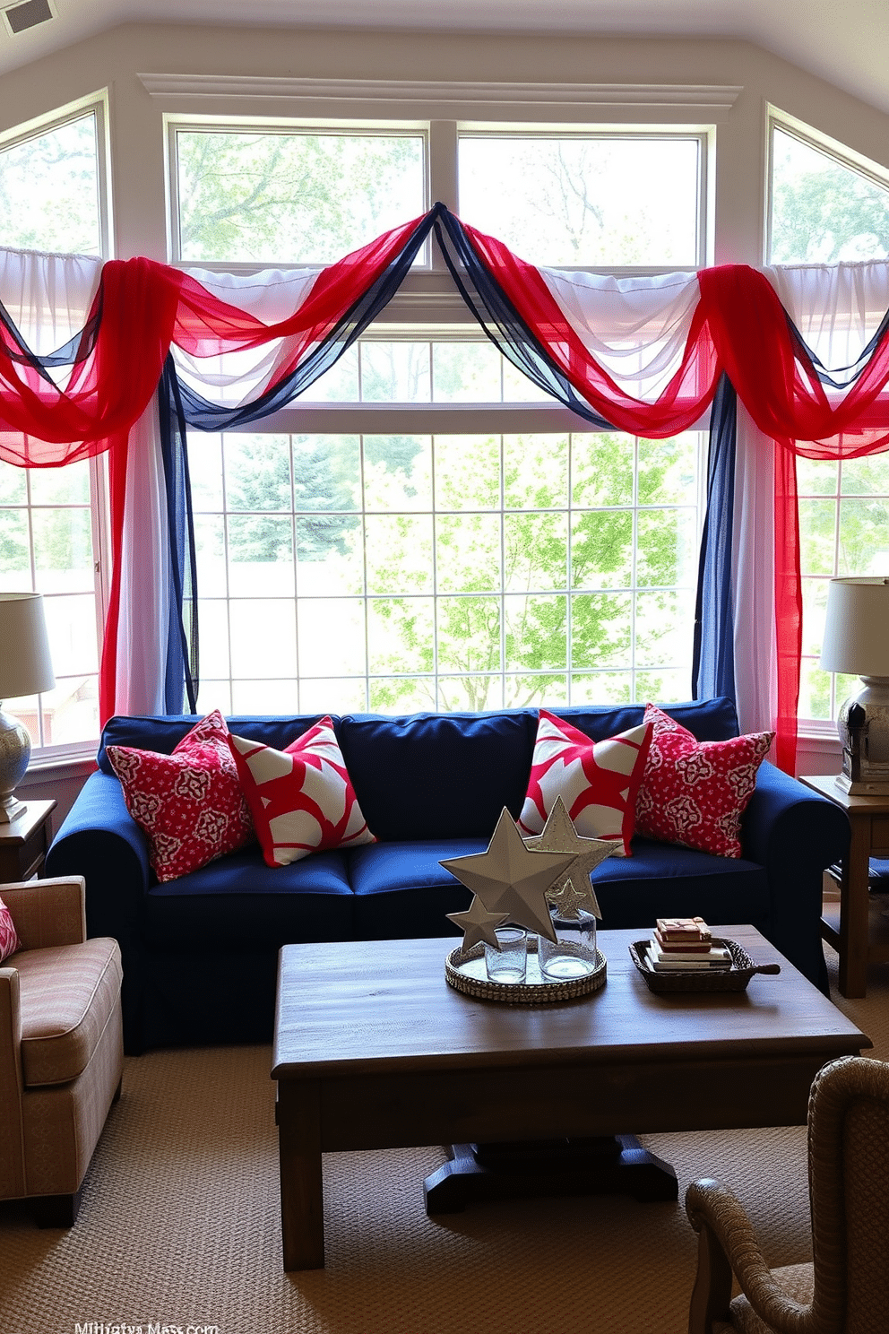 A cozy living room adorned with red white and blue themed curtains that billow gently in the breeze. The curtains frame large windows, allowing natural light to illuminate the space while adding a festive touch for Independence Day celebrations. A plush navy blue sofa is accented with vibrant red and white throw pillows, creating a welcoming atmosphere. A rustic coffee table sits in the center, topped with a decorative arrangement of stars and stripes themed decor.