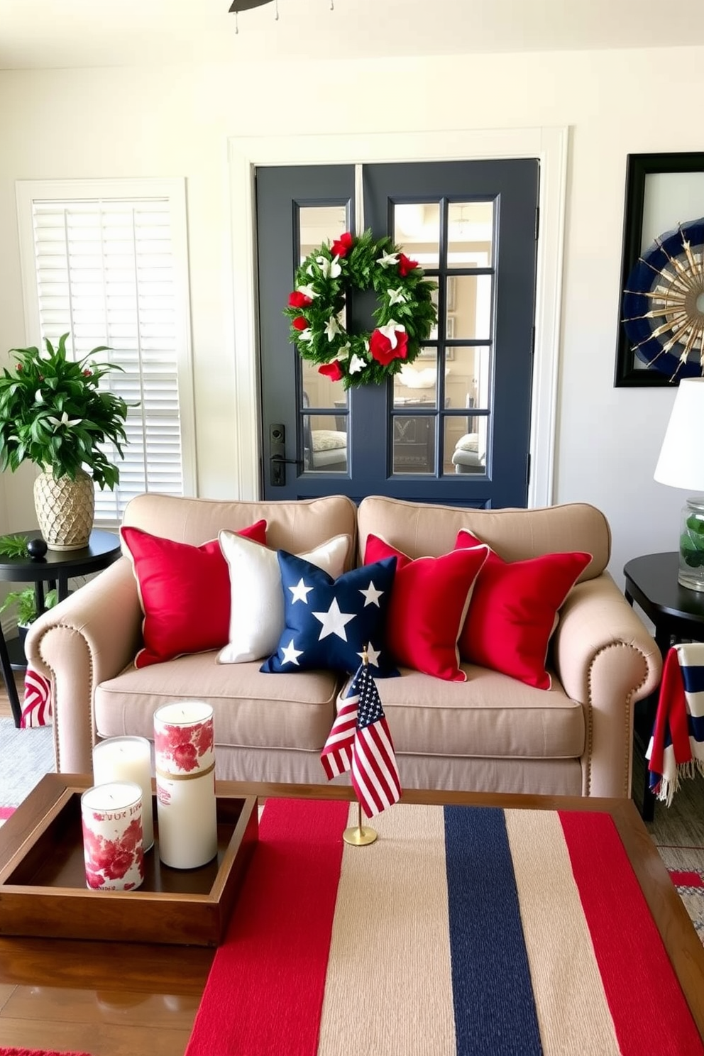 A festive living room adorned for Independence Day. A star-shaped wreath hangs prominently on the front door, welcoming guests with a touch of patriotic charm. Inside, the living room features a cozy arrangement of red, white, and blue throw pillows on a plush sofa. A coffee table is decorated with themed candles and a small American flag centerpiece, enhancing the celebratory atmosphere.