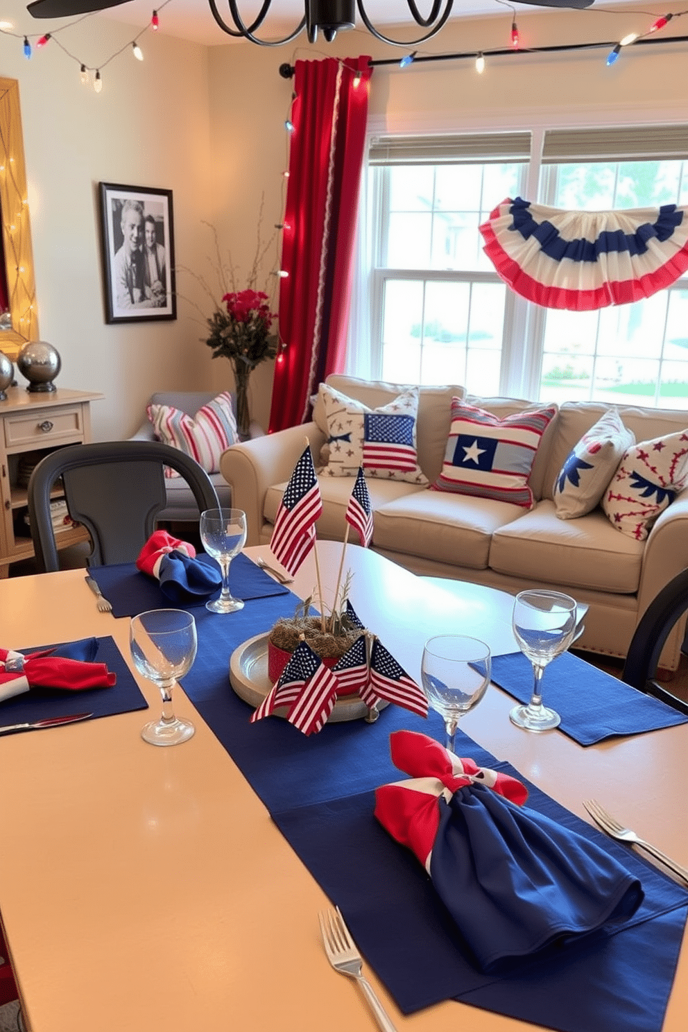 A festive living room setting for Independence Day. The table is adorned with vibrant red white and blue napkins and elegant place settings that capture the spirit of the holiday. A cozy sofa is decorated with patriotic throw pillows and a cheerful table centerpiece featuring miniature American flags. String lights in red white and blue hang around the room creating a warm and inviting atmosphere.