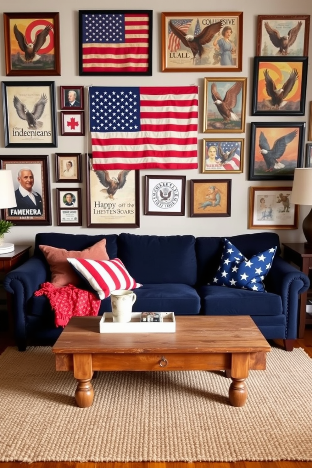 A cozy living room adorned with vintage Americana wall art celebrating Independence Day. The walls feature framed prints of classic American symbols such as the flag and eagles, creating a patriotic atmosphere. A comfortable sofa in a deep navy blue sits in front of the gallery wall, complemented by a rustic wooden coffee table. Red, white, and blue throw pillows add a festive touch, while a woven rug anchors the space.