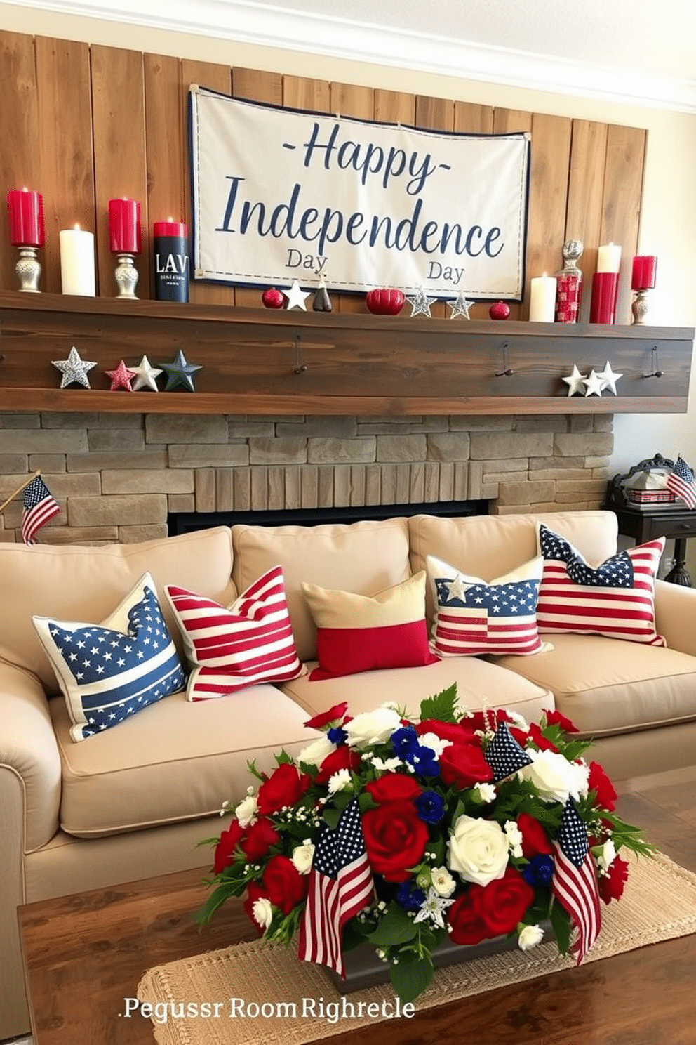 Independence Day themed candles are arranged on rustic wooden shelves, showcasing red, white, and blue colors in various designs. The candles are surrounded by small American flags and decorative stars, creating a festive atmosphere. The living room is adorned with patriotic throw pillows featuring stars and stripes on a cozy beige sofa. A large banner with 