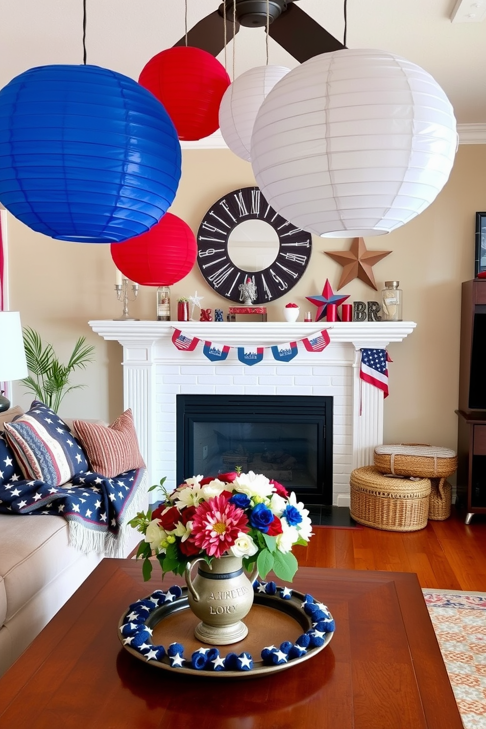 A cozy living room adorned with DIY paper lanterns in red white and blue. The lanterns hang from the ceiling creating a festive ambiance while patriotic decorations are placed on the mantel. A comfortable sofa is draped with a star-spangled throw blanket. On the coffee table, a centerpiece of fresh flowers in a vintage vase complements the Independence Day theme.