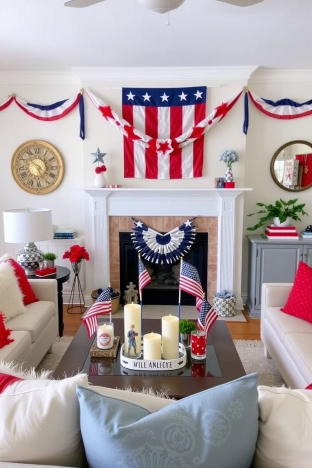 A festive living room adorned for Independence Day. The star spangled banner gracefully drapes over the mantel, complemented by red white and blue accents throughout the space. Patriotic decorations are placed on the coffee table, including small flags and themed candles. A cozy seating arrangement features plush cushions in vibrant colors, inviting guests to celebrate the holiday.