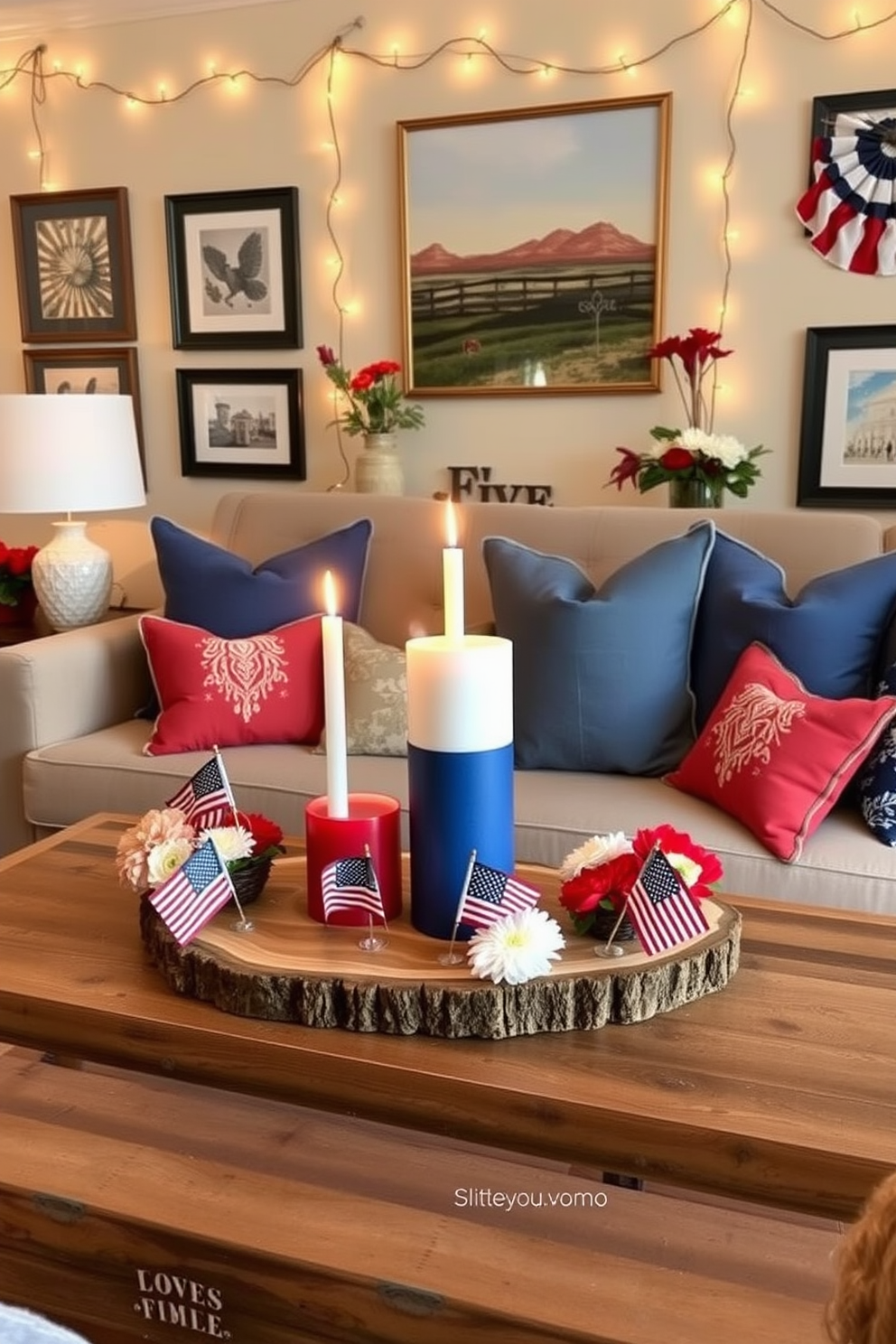 A festive living room setting featuring a tricolor themed candle arrangement for Independence Day. The candles are arranged on a rustic wooden coffee table, surrounded by small decorative flags and fresh flowers in red, white, and blue hues. The walls are adorned with patriotic artwork and string lights, creating a warm and inviting atmosphere. Plush cushions in matching colors are scattered across a comfortable sofa, inviting guests to relax and celebrate.