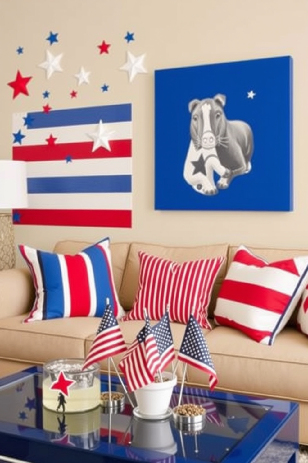 Independence Day themed wall decals featuring stars and stripes in vibrant red white and blue colors. The decals create a festive atmosphere perfect for celebrating the holiday. For the living room decorating ideas incorporate a patriotic color palette with cushions and throws in red white and blue. Add a centerpiece of miniature flags and decorative elements that evoke the spirit of Independence Day.