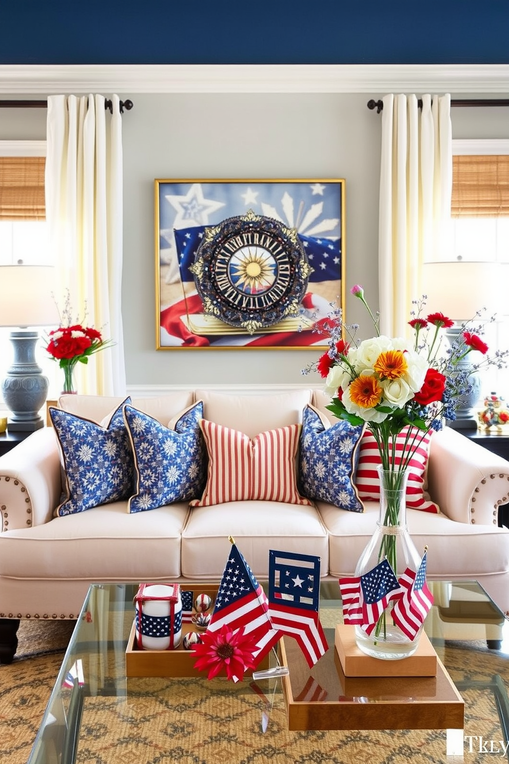 Create a vibrant living room setting adorned with patriotic floral arrangements in vases. The arrangements should feature red, white, and blue flowers, reflecting the spirit of Independence Day. Incorporate a cozy seating area with a stylish sofa and decorative throw pillows that echo the patriotic theme. Use a coffee table to display additional festive decorations, enhancing the celebratory atmosphere.