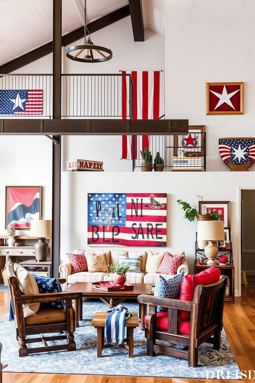 A spacious loft adorned with Americana themed artwork prominently displayed on the walls. Red white and blue accents are incorporated throughout the decor to celebrate Independence Day. The living area features a large canvas depicting a vintage American flag as the focal point. Rustic wooden furniture complements the artwork while providing a cozy and inviting atmosphere.