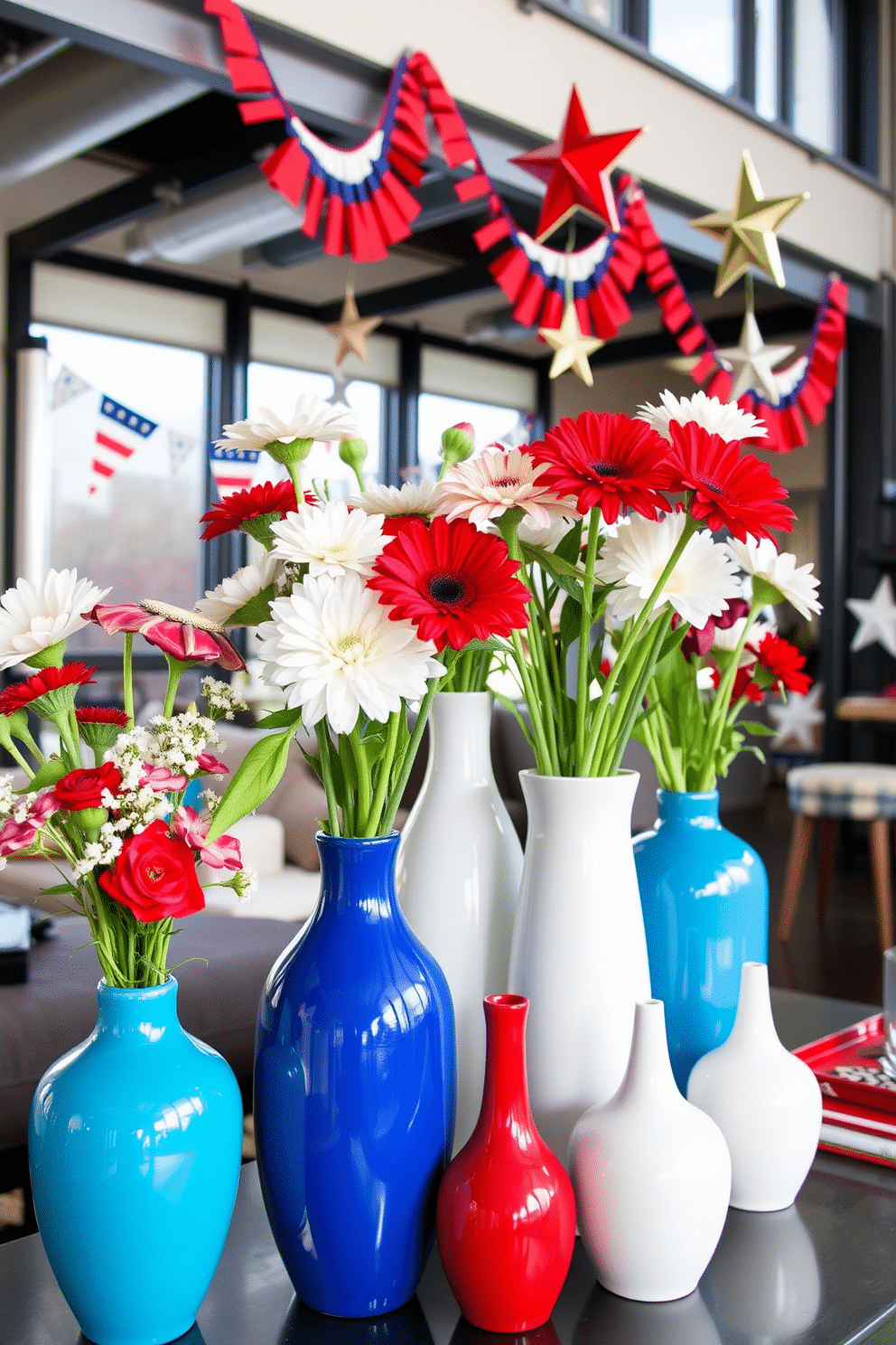 Brightly colored vases filled with flowers create a vibrant and cheerful atmosphere in any room. The vases vary in shape and size, showcasing a mix of seasonal blooms that add a pop of color to the space. Independence Day loft decorating ideas feature red white and blue accents throughout the room. Festive decorations such as bunting and star-shaped ornaments complement the modern industrial aesthetic of the loft.