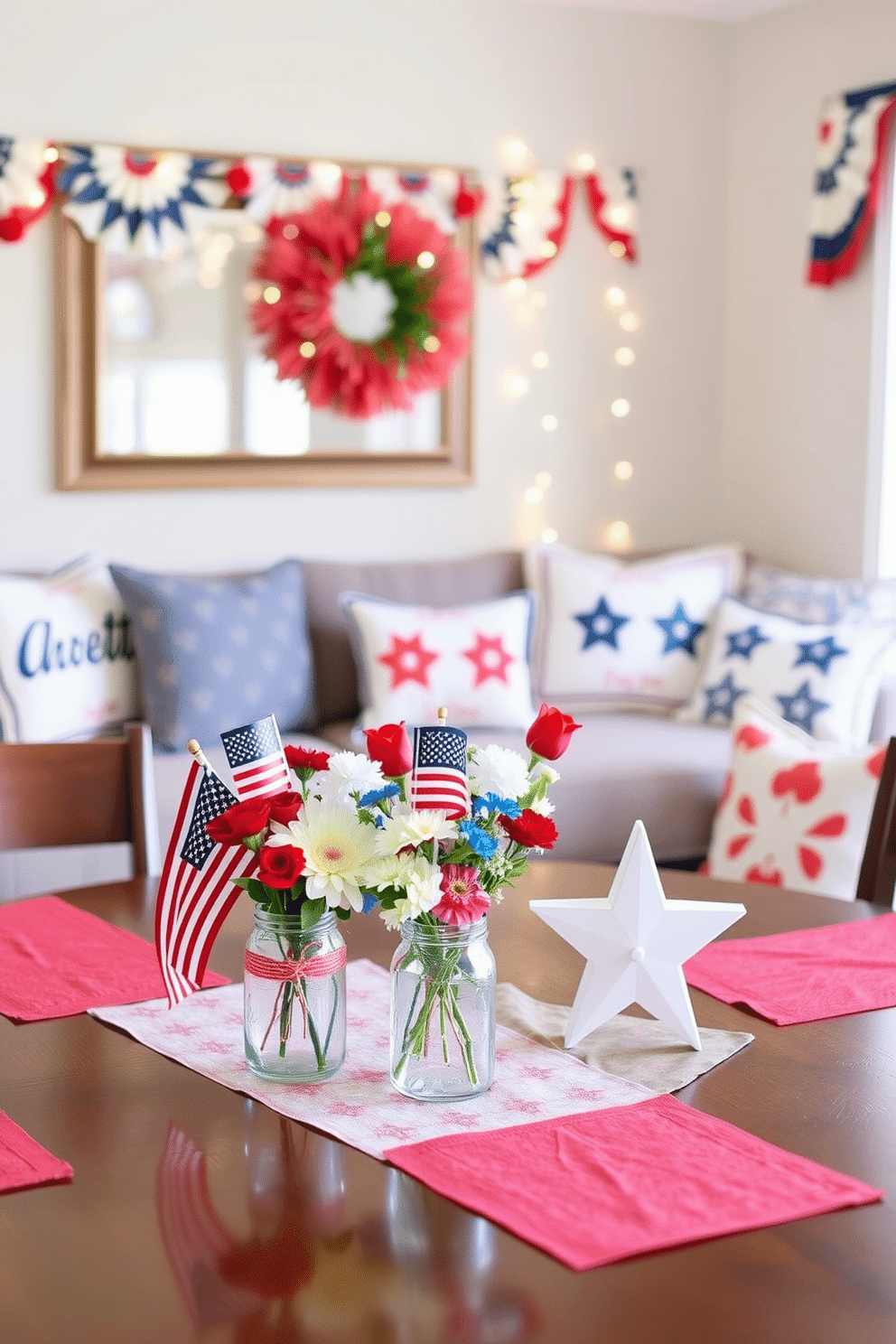 A collection of patriotic themed table centerpieces for gatherings featuring red white and blue elements. The centerpieces include small flags floral arrangements in mason jars and decorative stars. Independence Day loft decorating ideas that create a festive atmosphere. Incorporate string lights patriotic bunting and themed throw pillows for a cozy yet celebratory look.