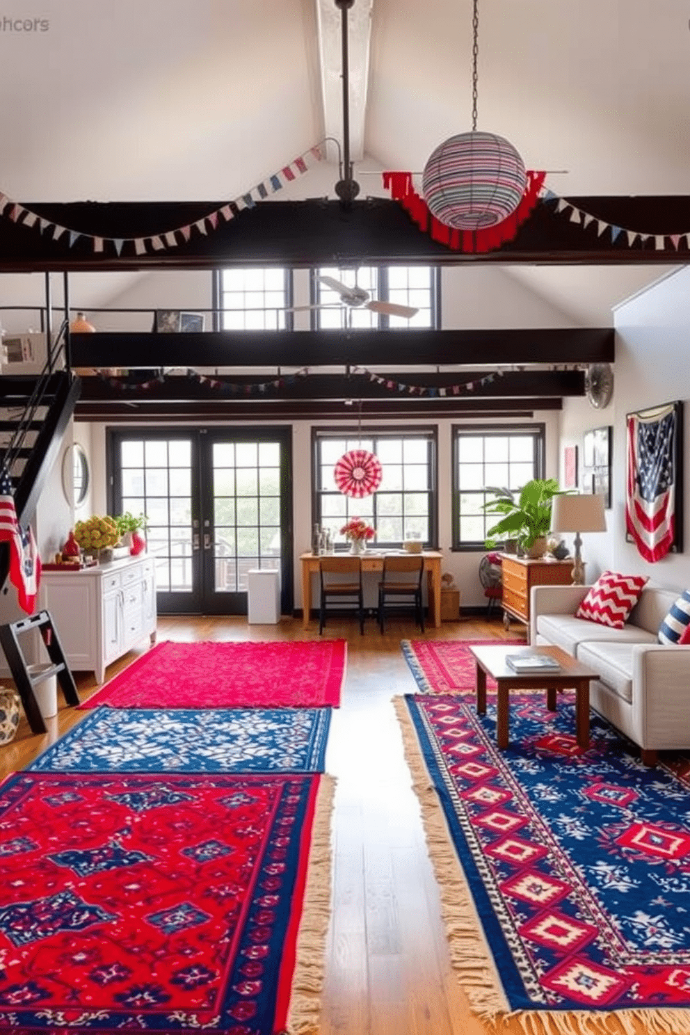 A vibrant loft space decorated for Independence Day. The floor is covered with red blue and white patterned area rugs that create a festive atmosphere.