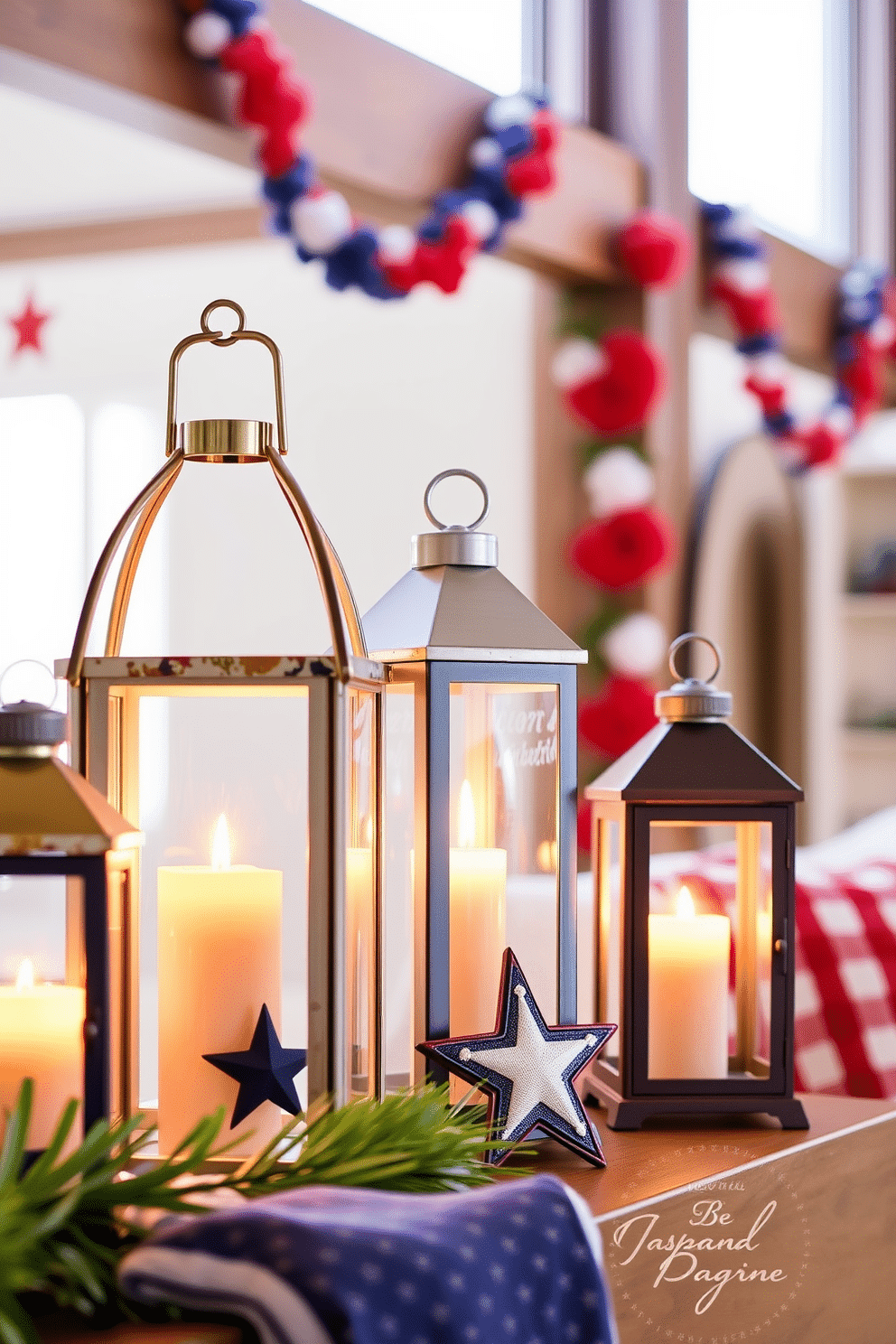 Charming lanterns with candlelight create a warm and inviting atmosphere in any space. The soft glow of the candles enhances the cozy vibe, making it perfect for gatherings or quiet evenings at home. Independence Day loft decorating ideas feature bold red, white, and blue accents throughout the space. Incorporate festive elements like star-shaped decorations and patriotic-themed textiles to celebrate the holiday in style.