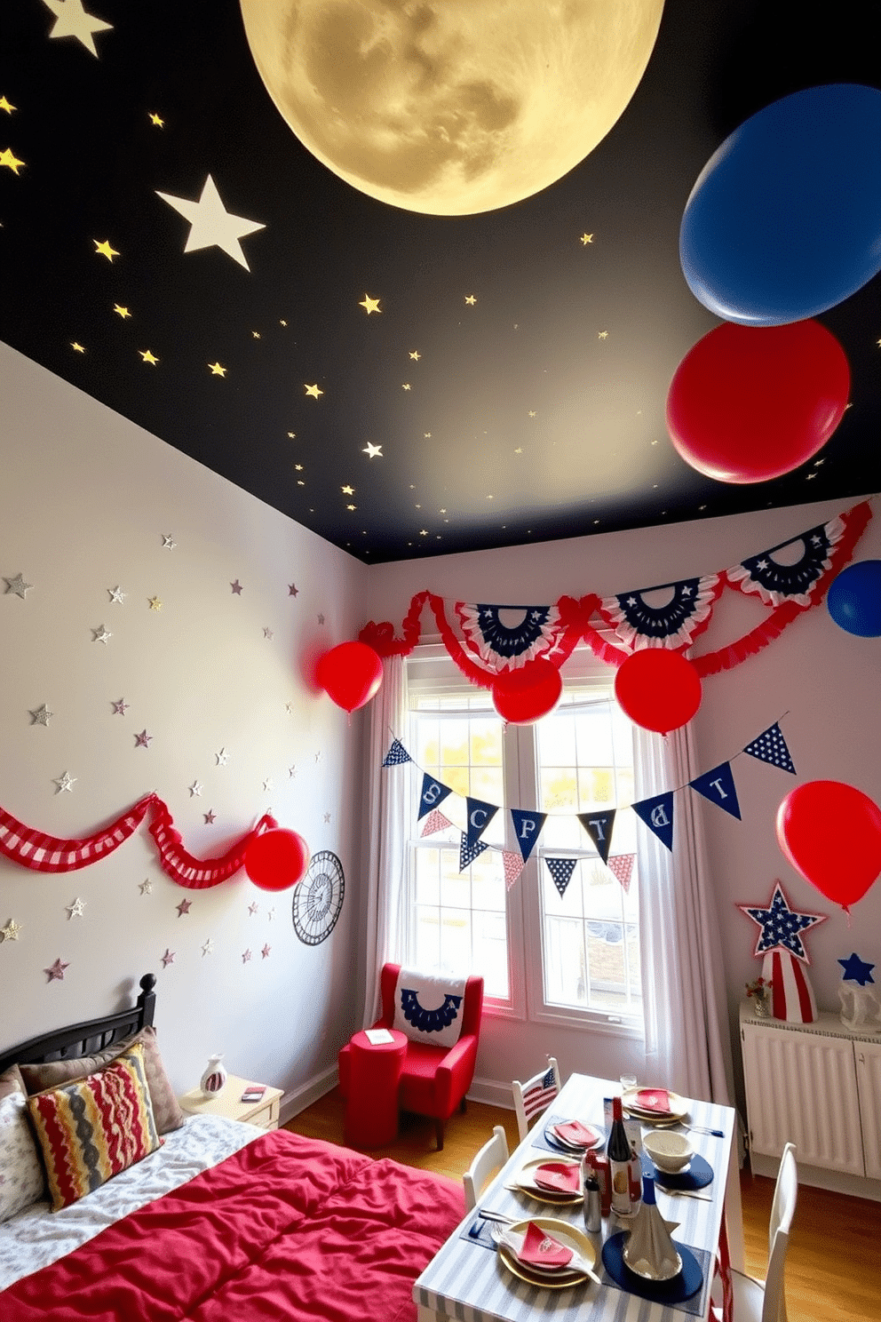 A serene bedroom adorned with starry night themed wall decals. The walls are decorated with glowing stars and a large moon, creating a calming atmosphere perfect for relaxation. A vibrant loft featuring red, white, and blue Independence Day decorations. Banners and balloons hang from the ceiling, while a festive table is set with themed tableware for a celebratory gathering.